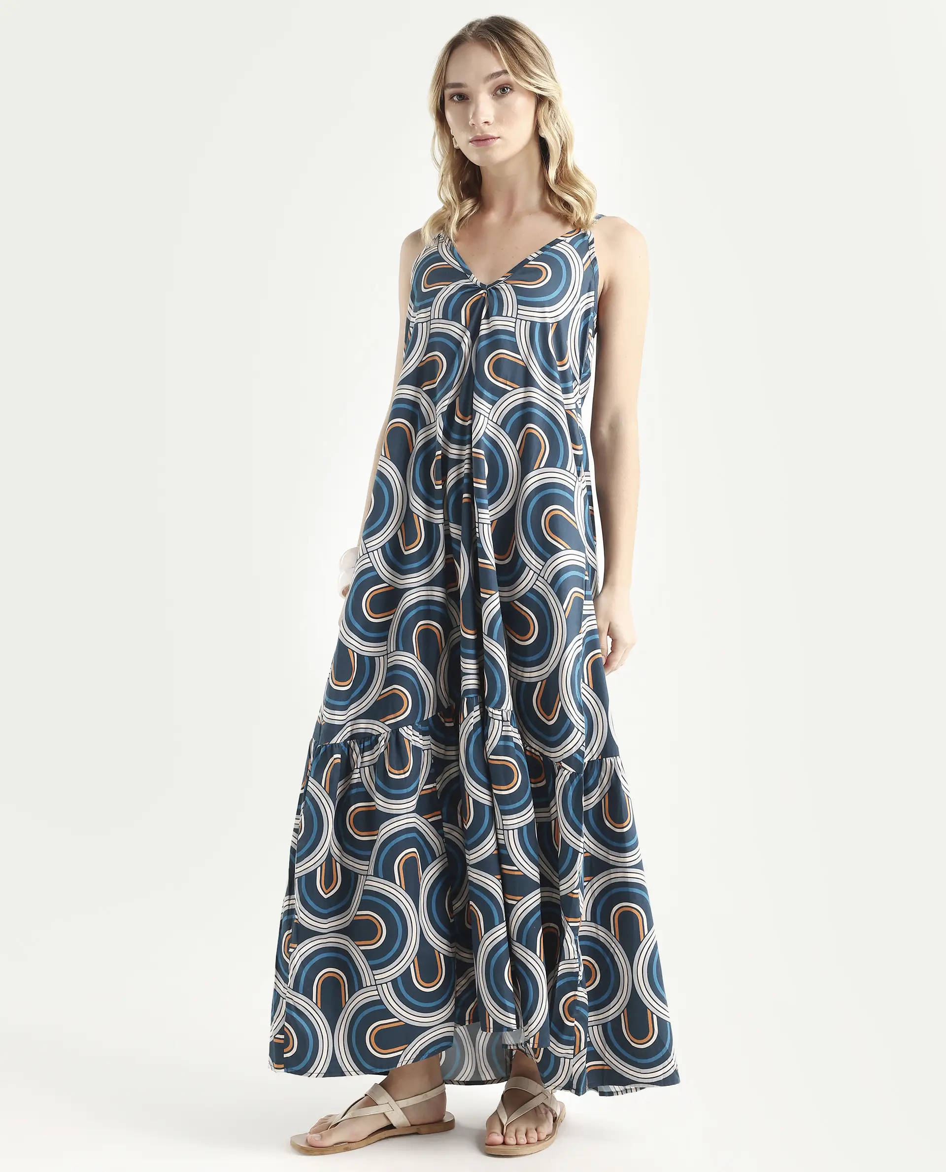 Rareism Women's Botany Blue Cotton V-Neck Abstract Print Shoulder Strap Maxi Relaxed Fit Dress - Image 2