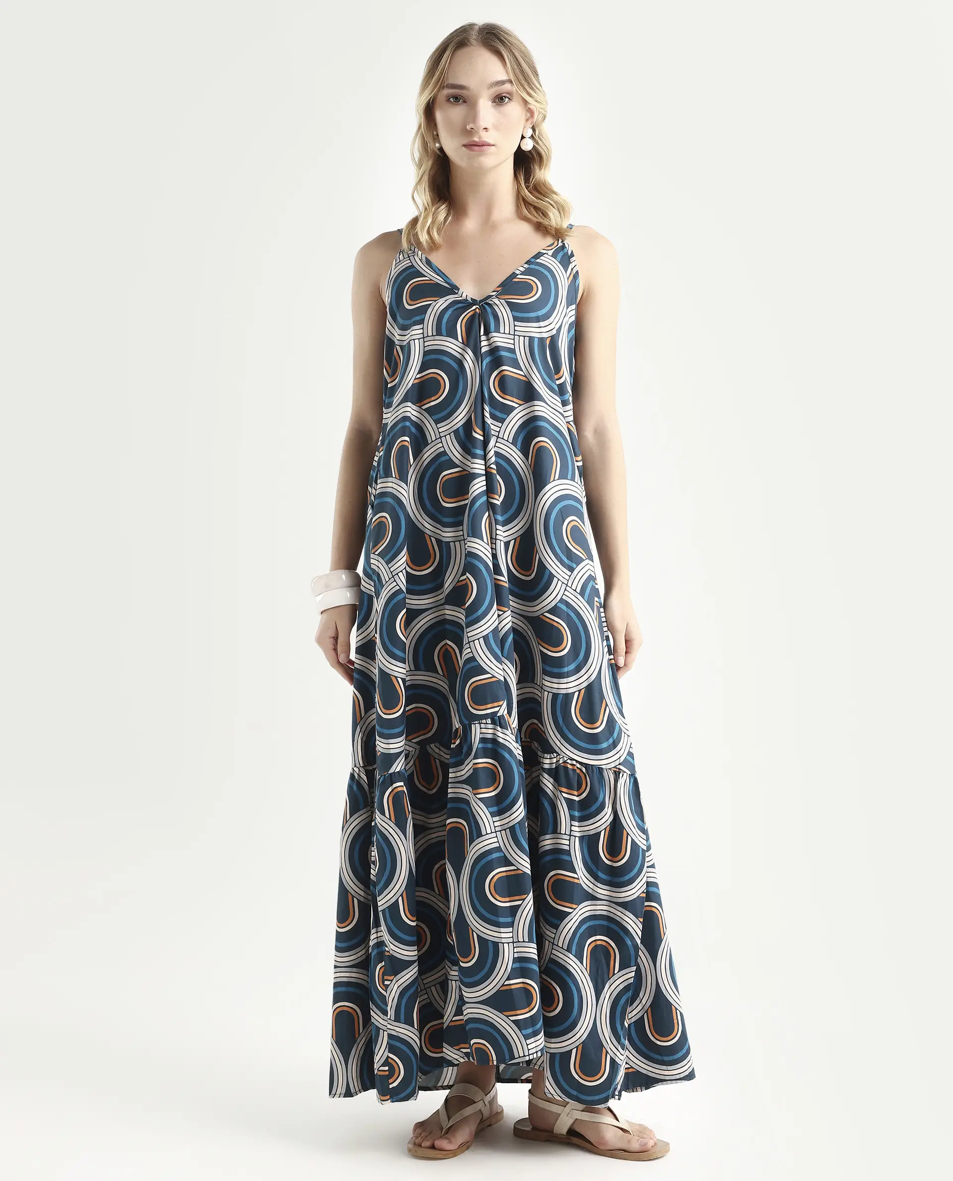 Rareism Women's Botany Blue Cotton V-Neck Abstract Print Shoulder Strap Maxi Relaxed Fit Dress - Image 4