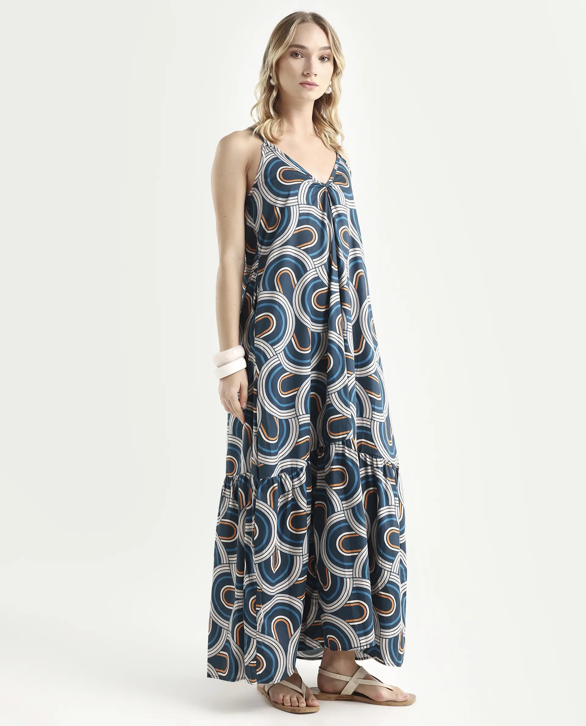 Rareism Women's Botany Blue Cotton V-Neck Abstract Print Shoulder Strap Maxi Relaxed Fit Dress - Image 5