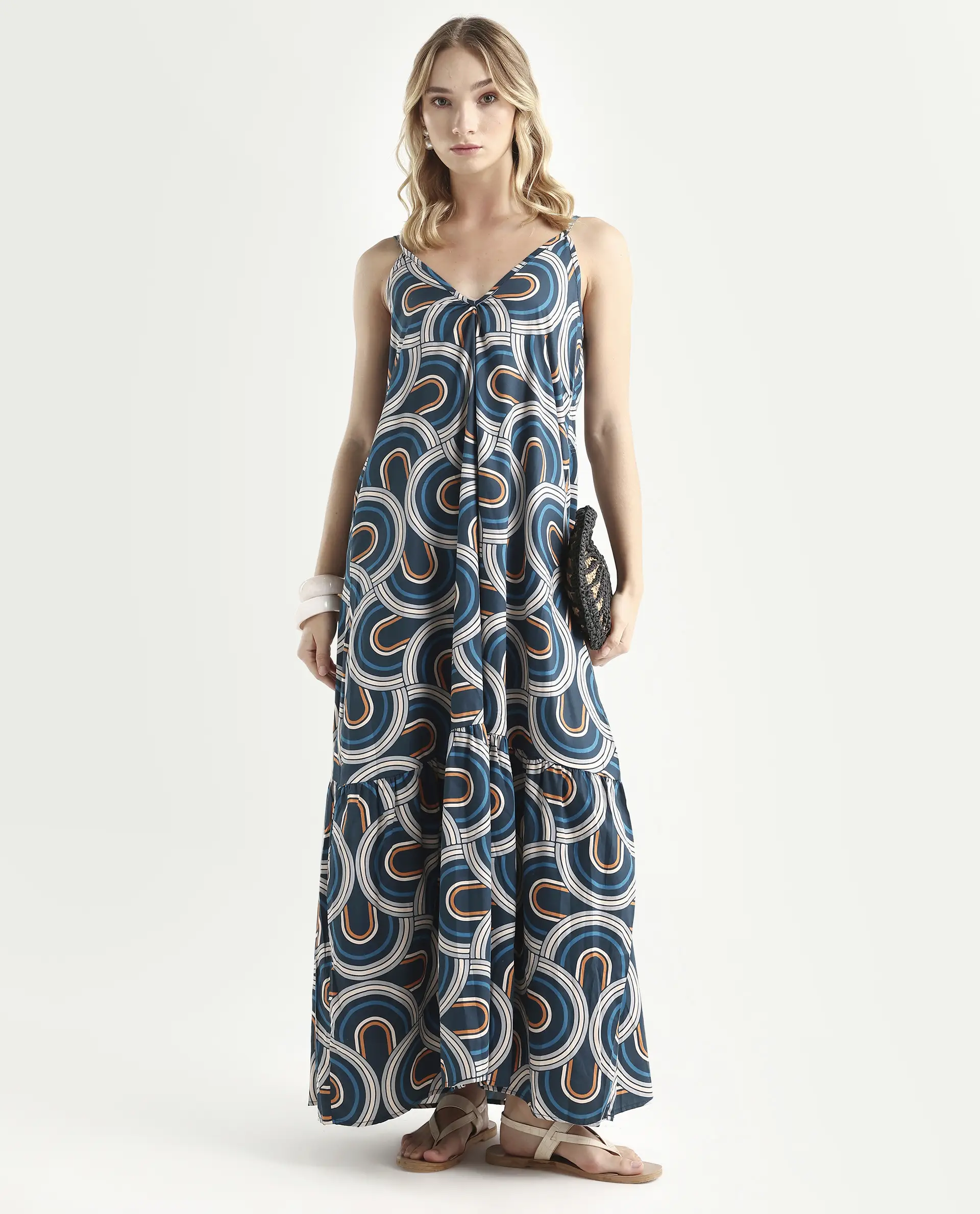 Rareism Women's Botany Blue Cotton V-Neck Abstract Print Shoulder Strap Maxi Relaxed Fit Dress - Image 6