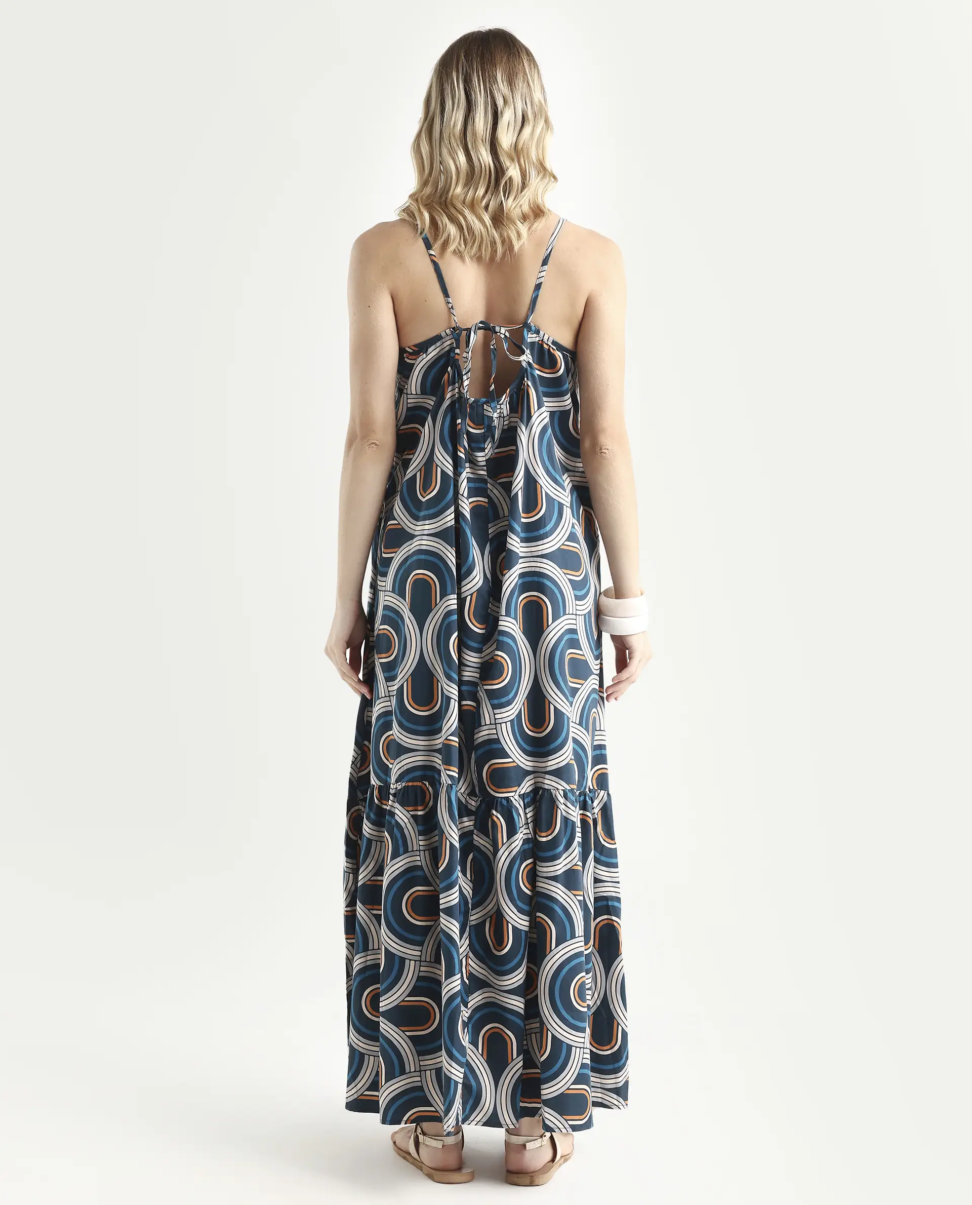 Rareism Women's Botany Blue Cotton V-Neck Abstract Print Shoulder Strap Maxi Relaxed Fit Dress - Image 7