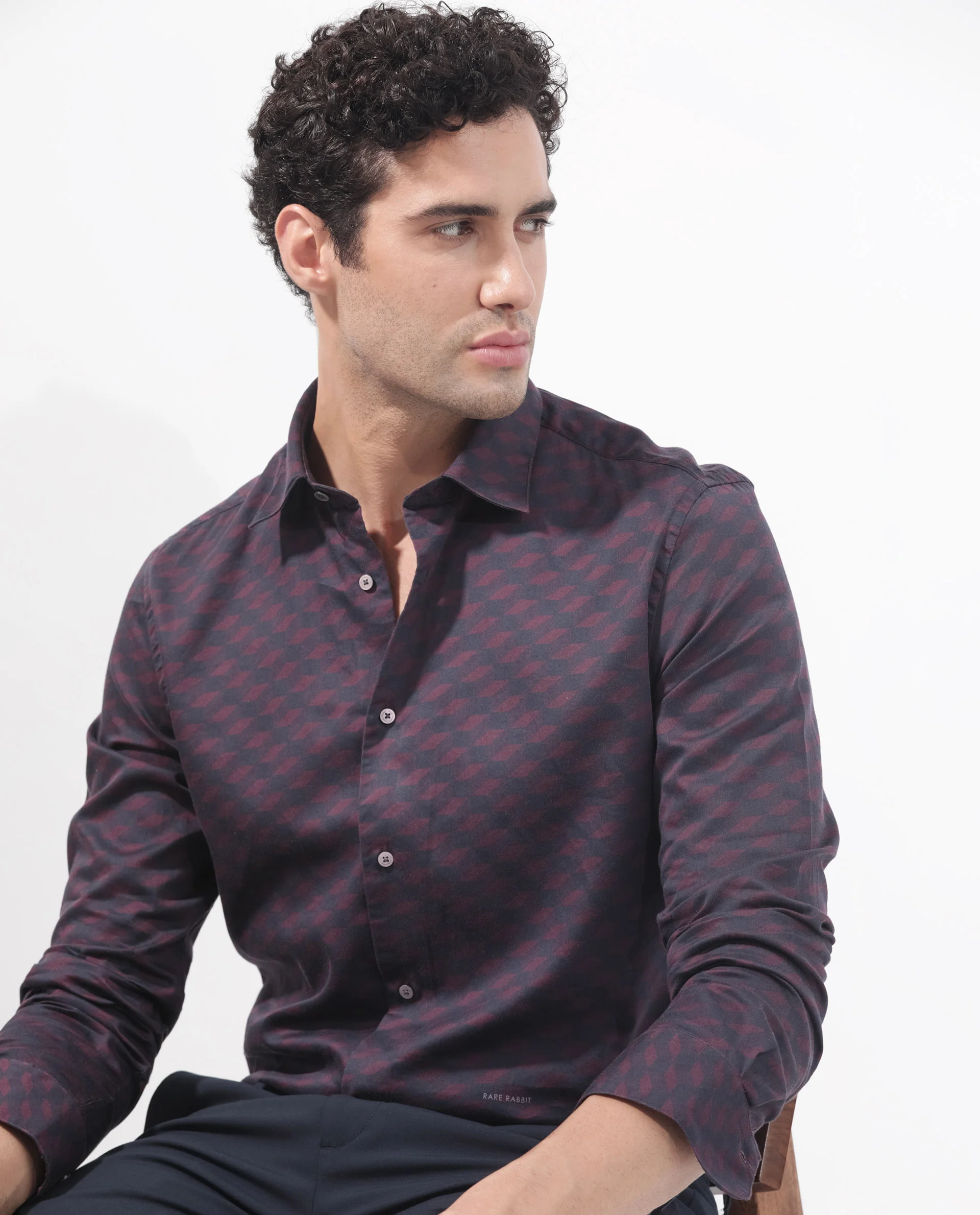 Rare Rabbit Men's Botcheyy Maroon Cotton Geometric Print Regular Fit Full Sleeve Collared Shirt - Image 3