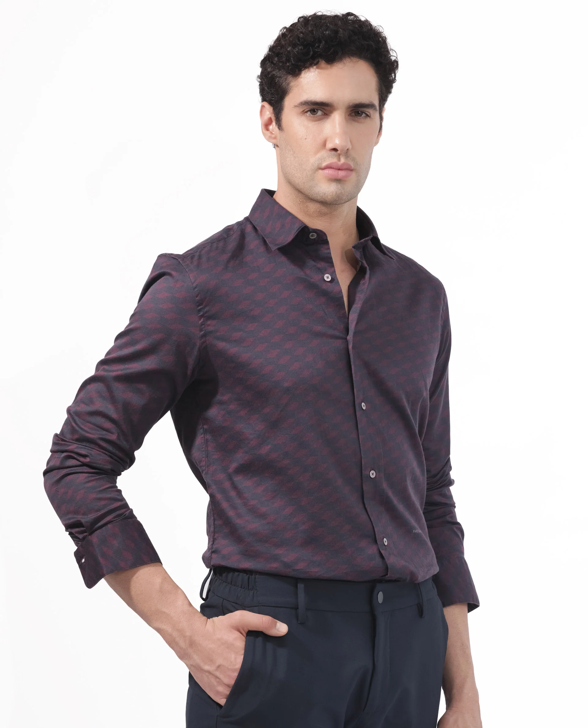 Rare Rabbit Men's Botcheyy Maroon Cotton Geometric Print Regular Fit Full Sleeve Collared Shirt - Image 6