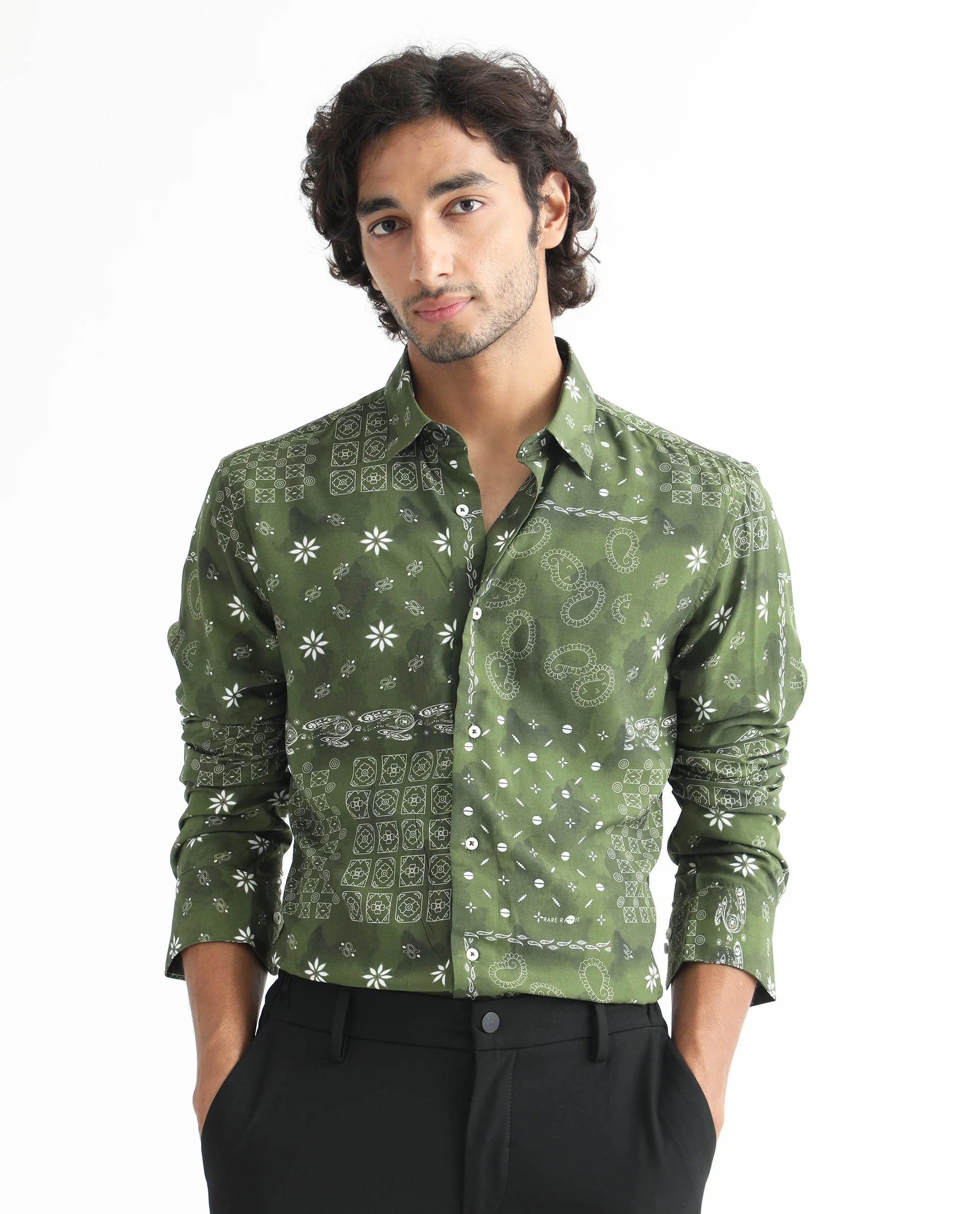 Rare Rabbit Men's Boteh Olive Regular Fit Shirt - Image 3
