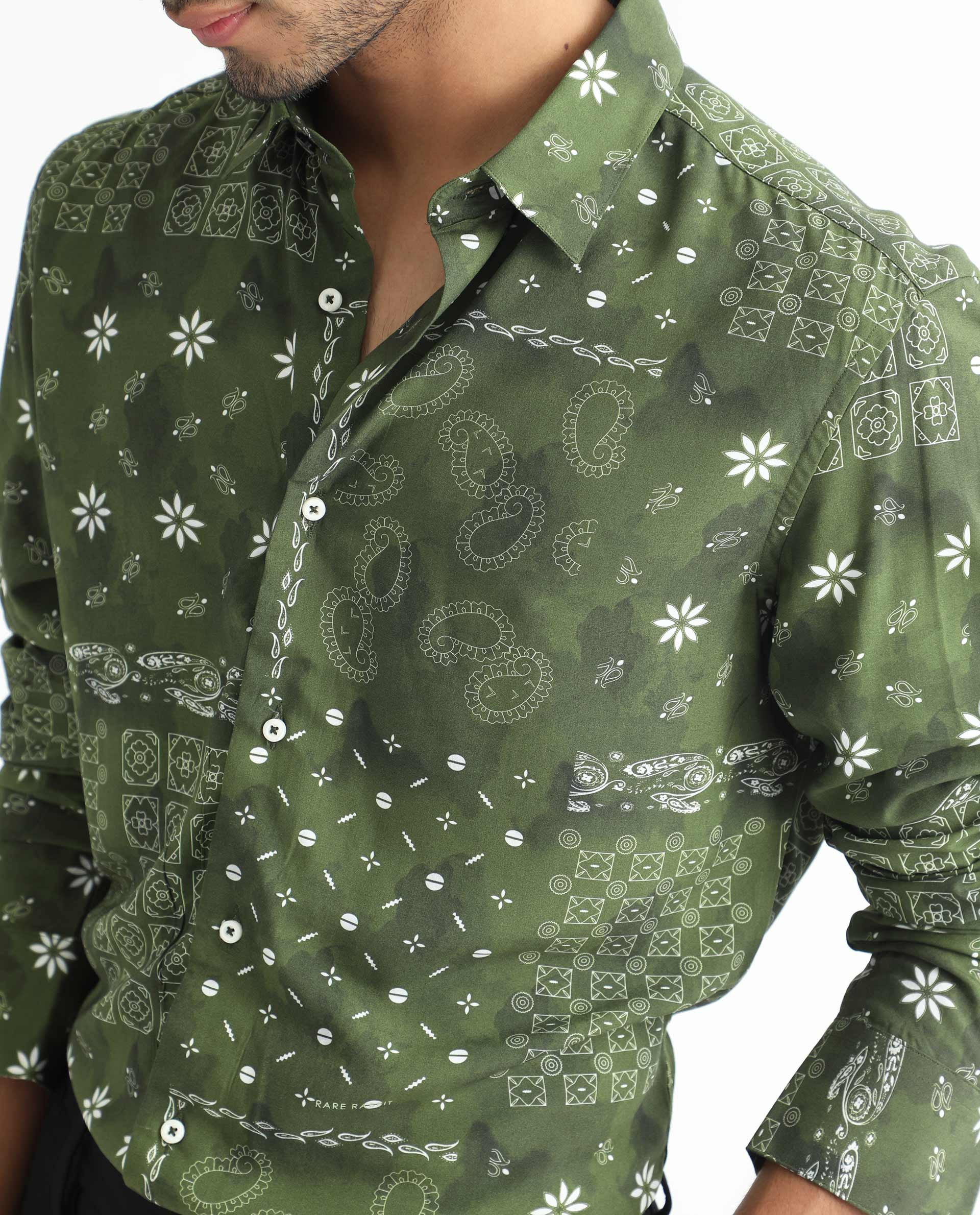 Rare Rabbit Men's Boteh Olive Regular Fit Shirt - Image 5
