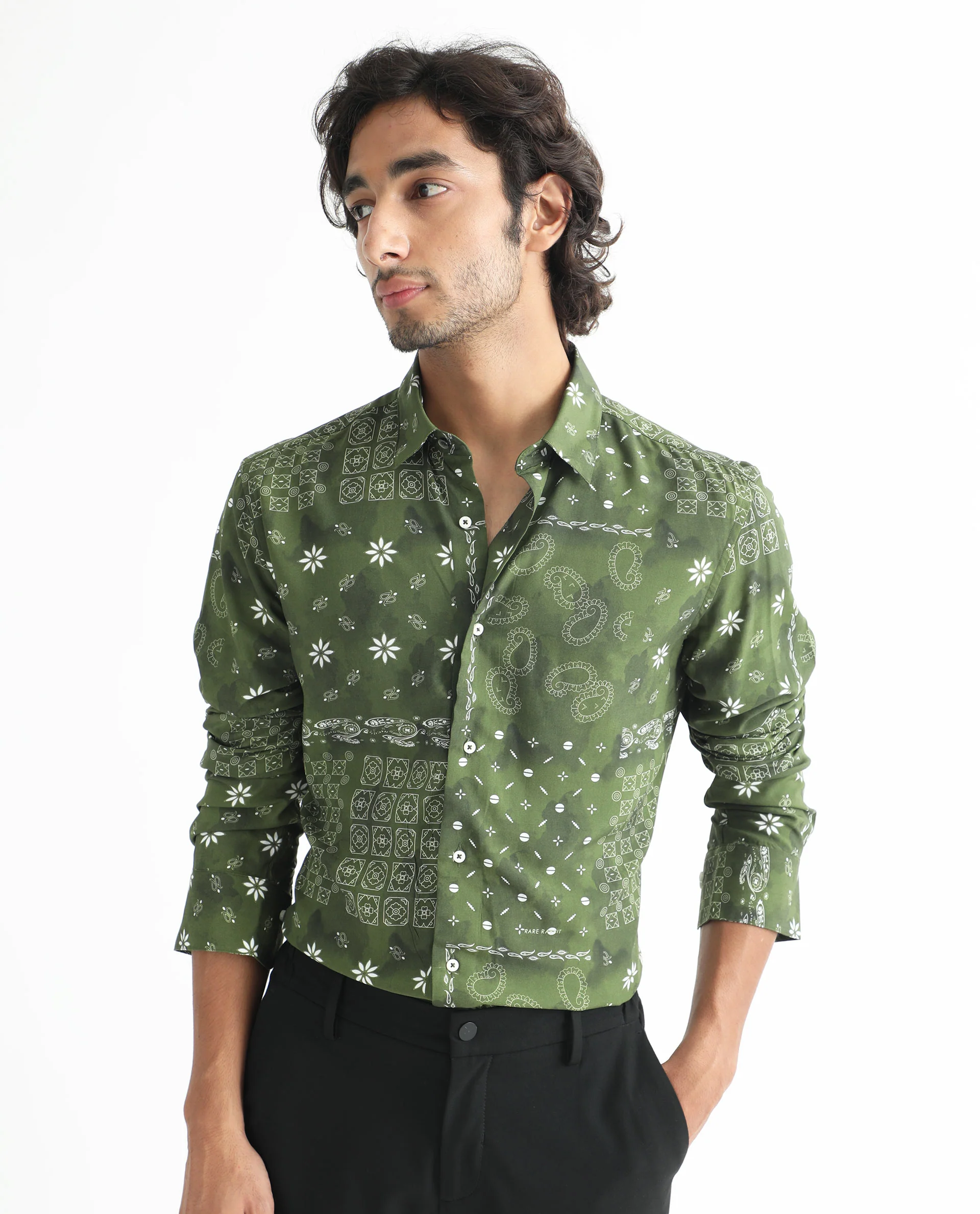 Rare Rabbit Men's Boteh Olive Regular Fit Shirt - Image 6