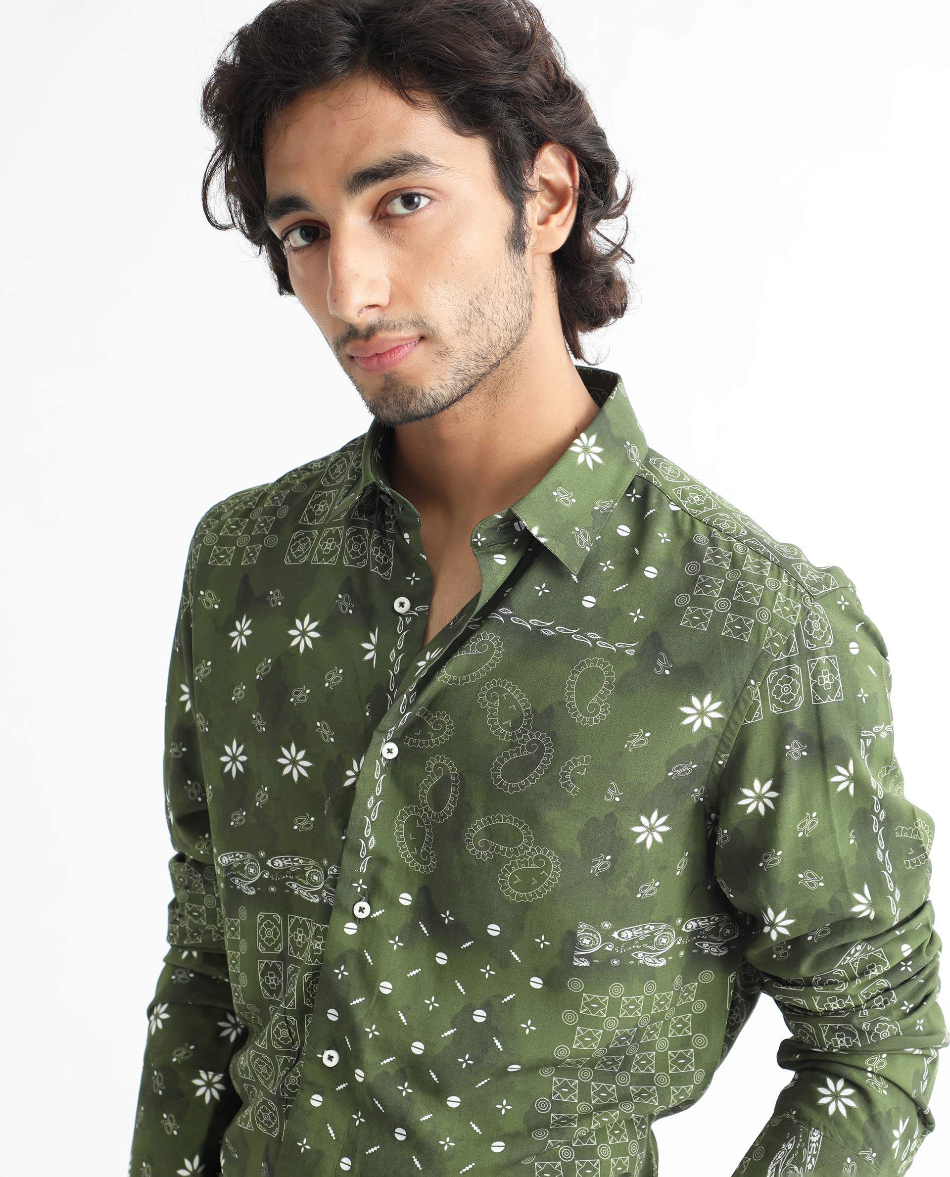 Rare Rabbit Men's Boteh Olive Regular Fit Shirt - Image 7