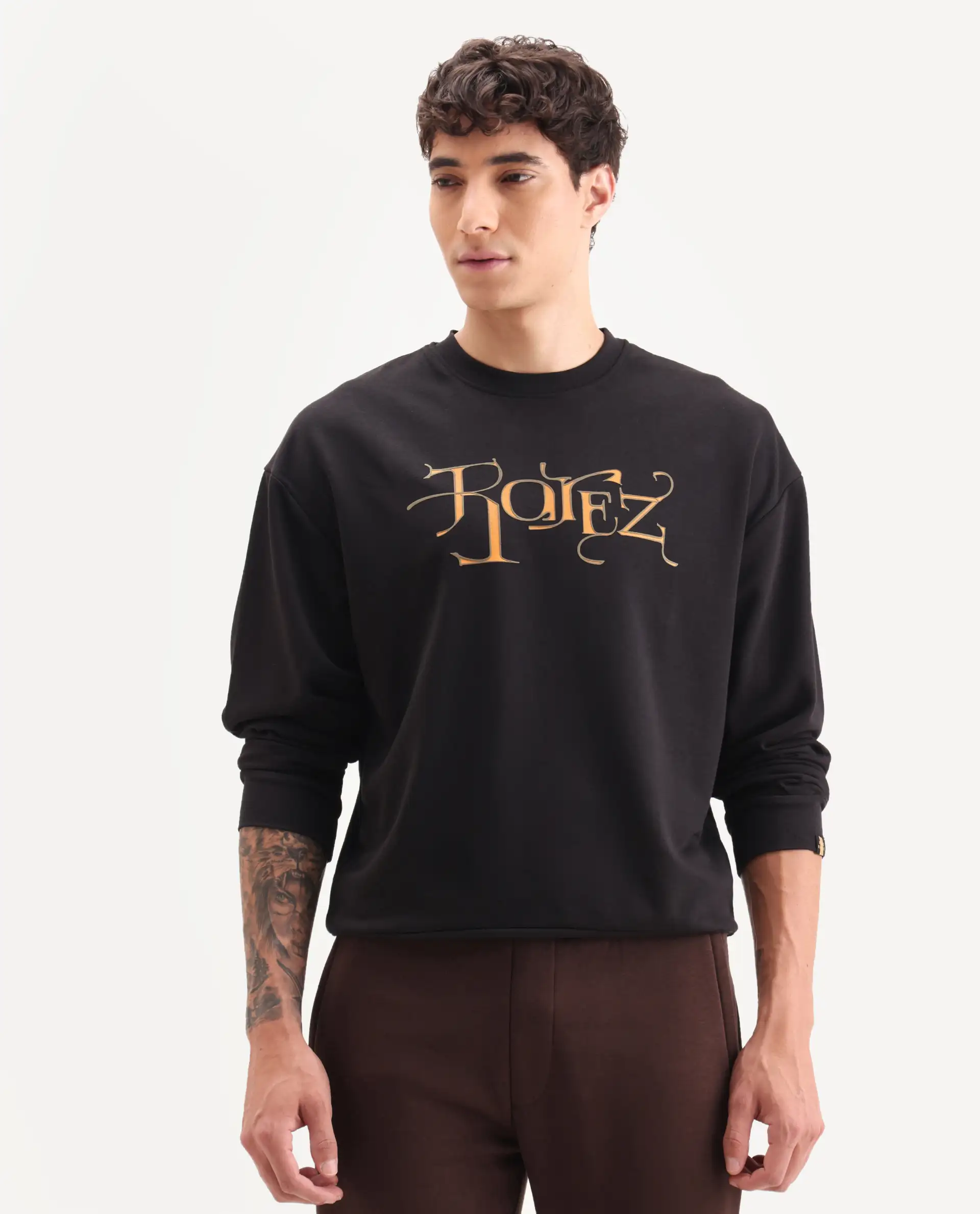 Rare Rabbit Men's Bott Dark Grey Cotton Graphic Print Regular Fit Full Sleeve Crew Neck Sweatshirt - Image 3