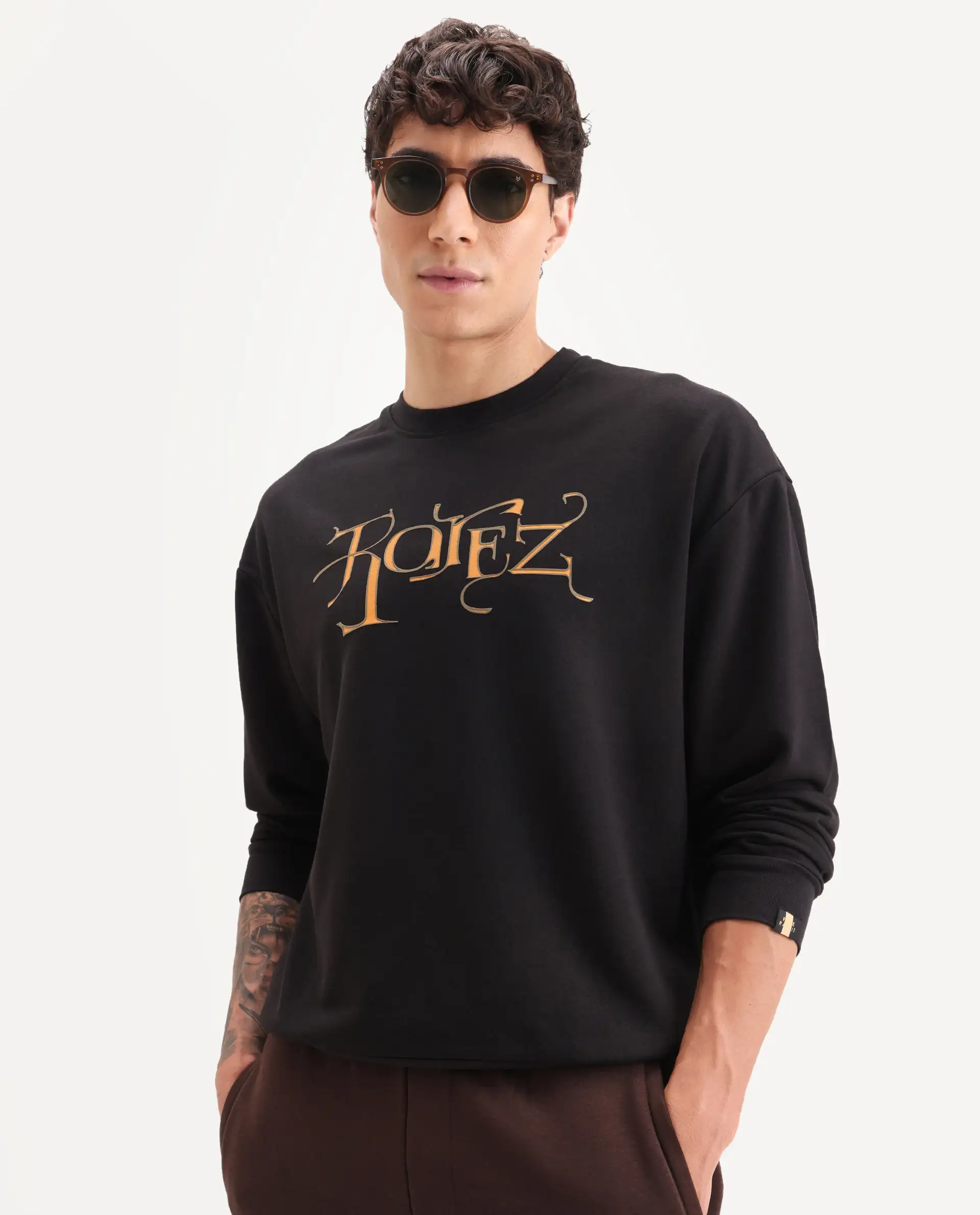 Rare Rabbit Men's Bott Dark Grey Cotton Graphic Print Regular Fit Full Sleeve Crew Neck Sweatshirt - Image 4