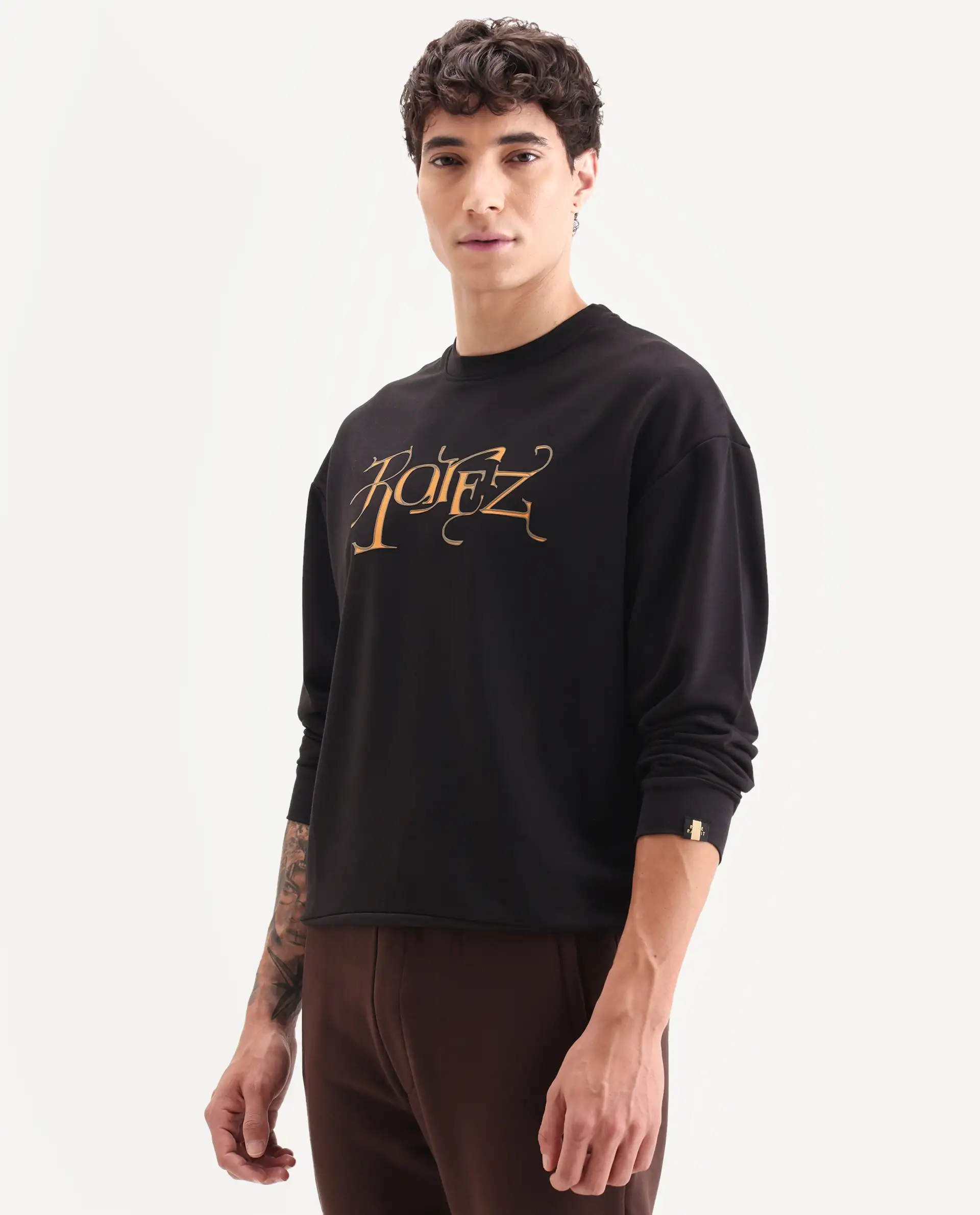 Rare Rabbit Men's Bott Dark Grey Cotton Graphic Print Regular Fit Full Sleeve Crew Neck Sweatshirt - Image 5