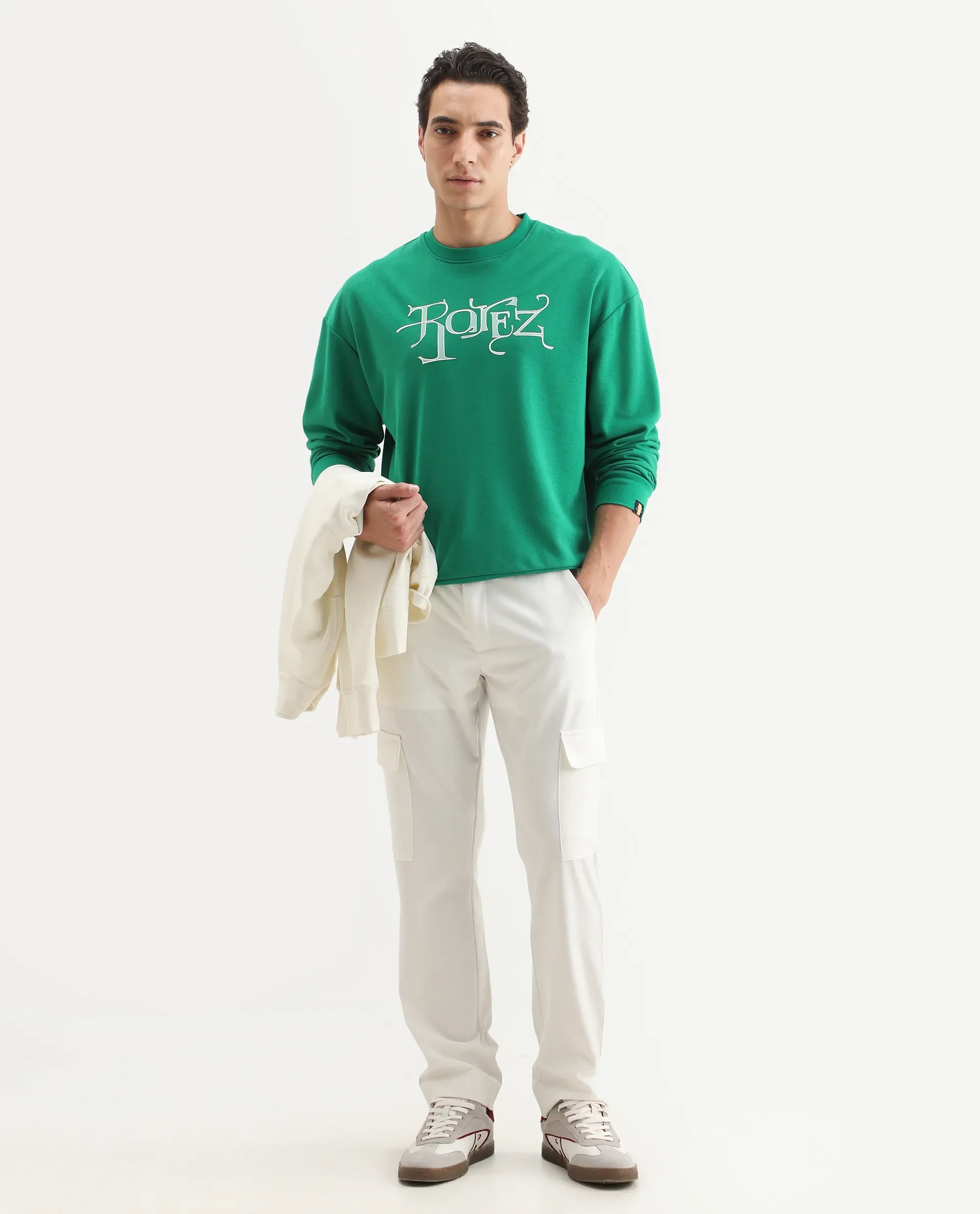 Rare Rabbit Men's Bott Green Cotton Graphic Print Regular Fit Full Sleeve Crew Neck Sweatshirt - Image 2