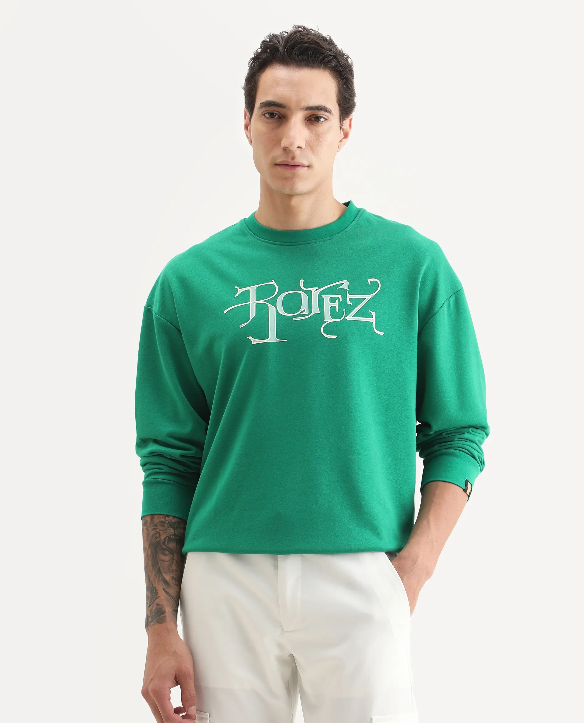 Rare Rabbit Men's Bott Green Cotton Graphic Print Regular Fit Full Sleeve Crew Neck Sweatshirt - Image 3