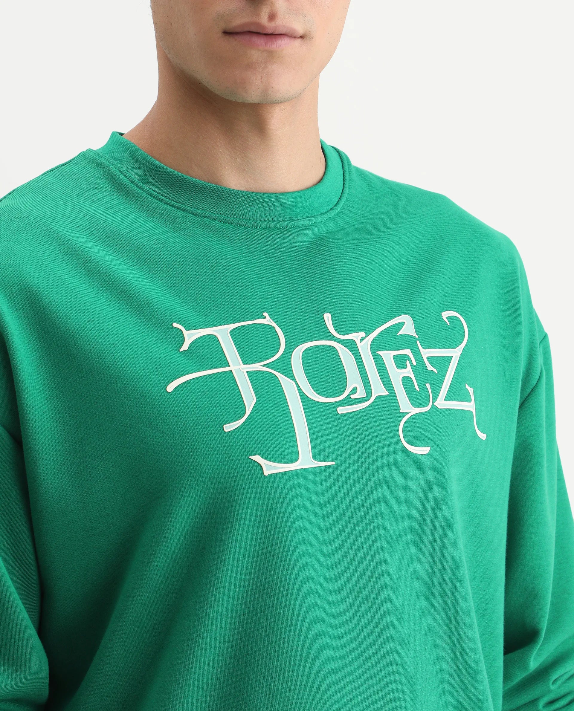 Rare Rabbit Men's Bott Green Cotton Graphic Print Regular Fit Full Sleeve Crew Neck Sweatshirt - Image 4