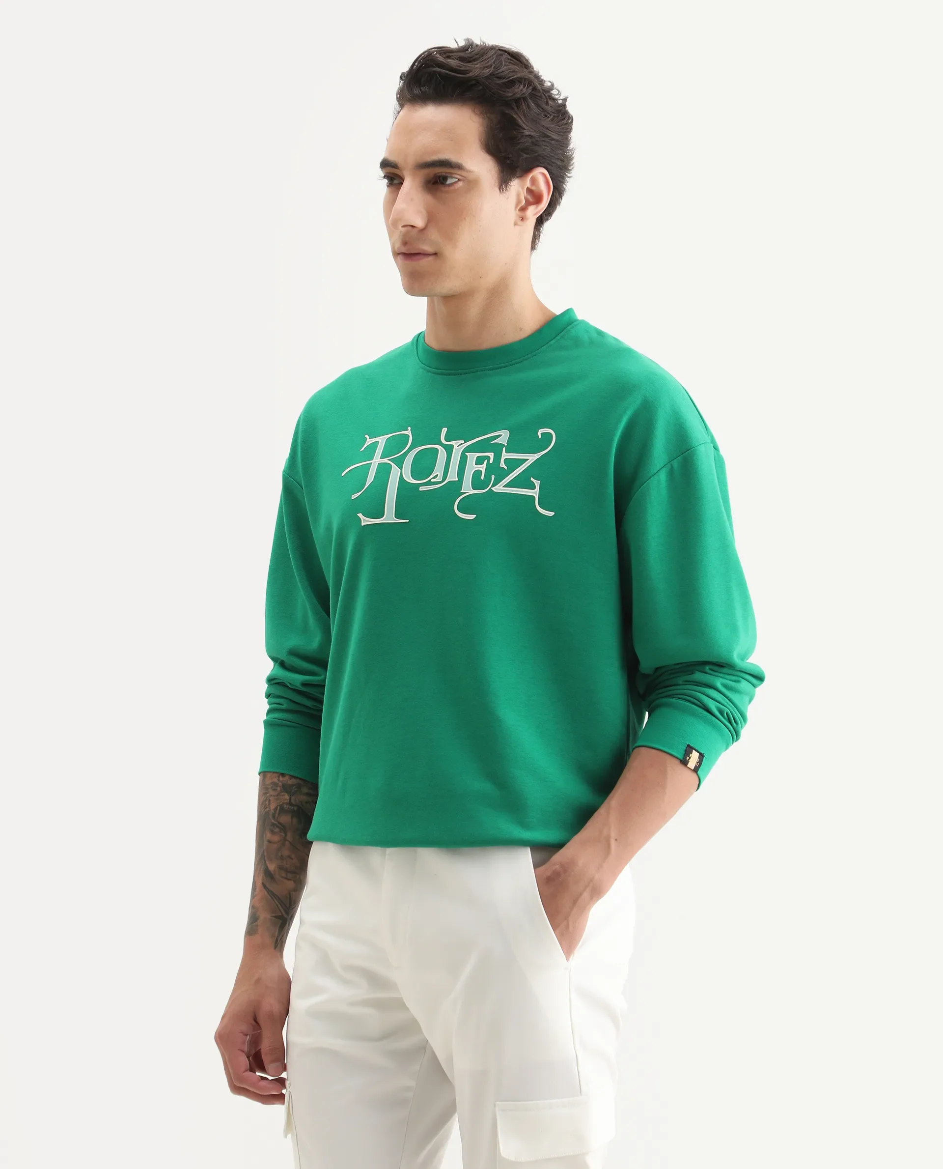 Rare Rabbit Men's Bott Green Cotton Graphic Print Regular Fit Full Sleeve Crew Neck Sweatshirt - Image 5
