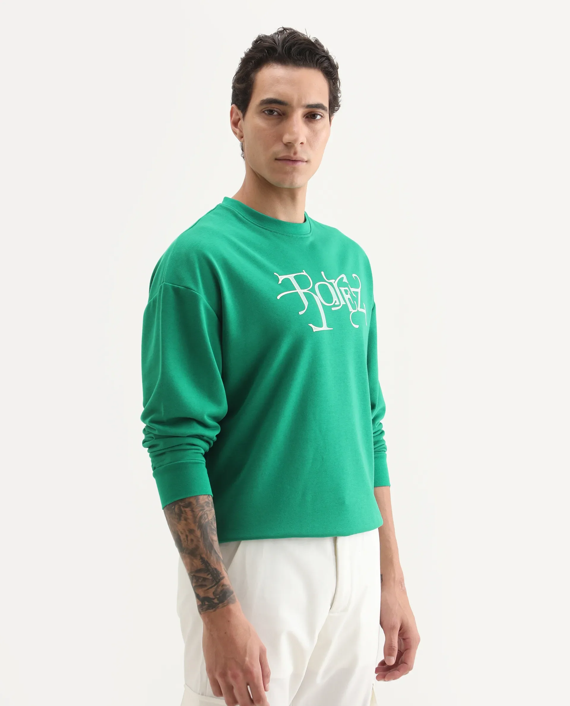 Rare Rabbit Men's Bott Green Cotton Graphic Print Regular Fit Full Sleeve Crew Neck Sweatshirt - Image 6