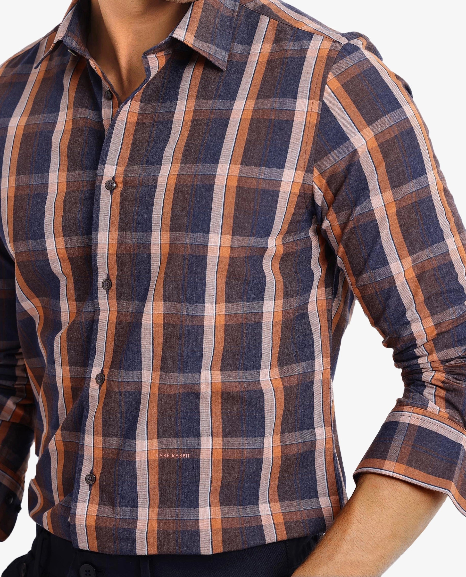 Rare Rabbit Men's Bou Navy Cotton Blend Checked Print Regular Fit Full Sleeve Collared Shirt - Image 3