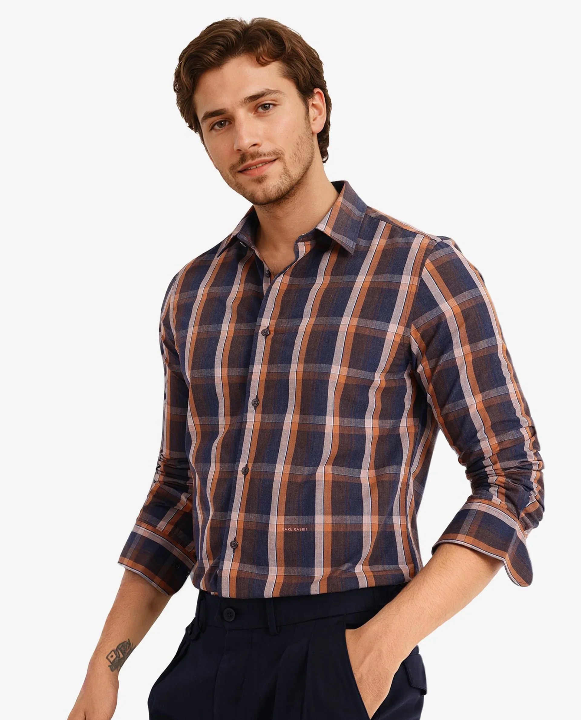 Rare Rabbit Men's Bou Navy Cotton Blend Checked Print Regular Fit Full Sleeve Collared Shirt - Image 5