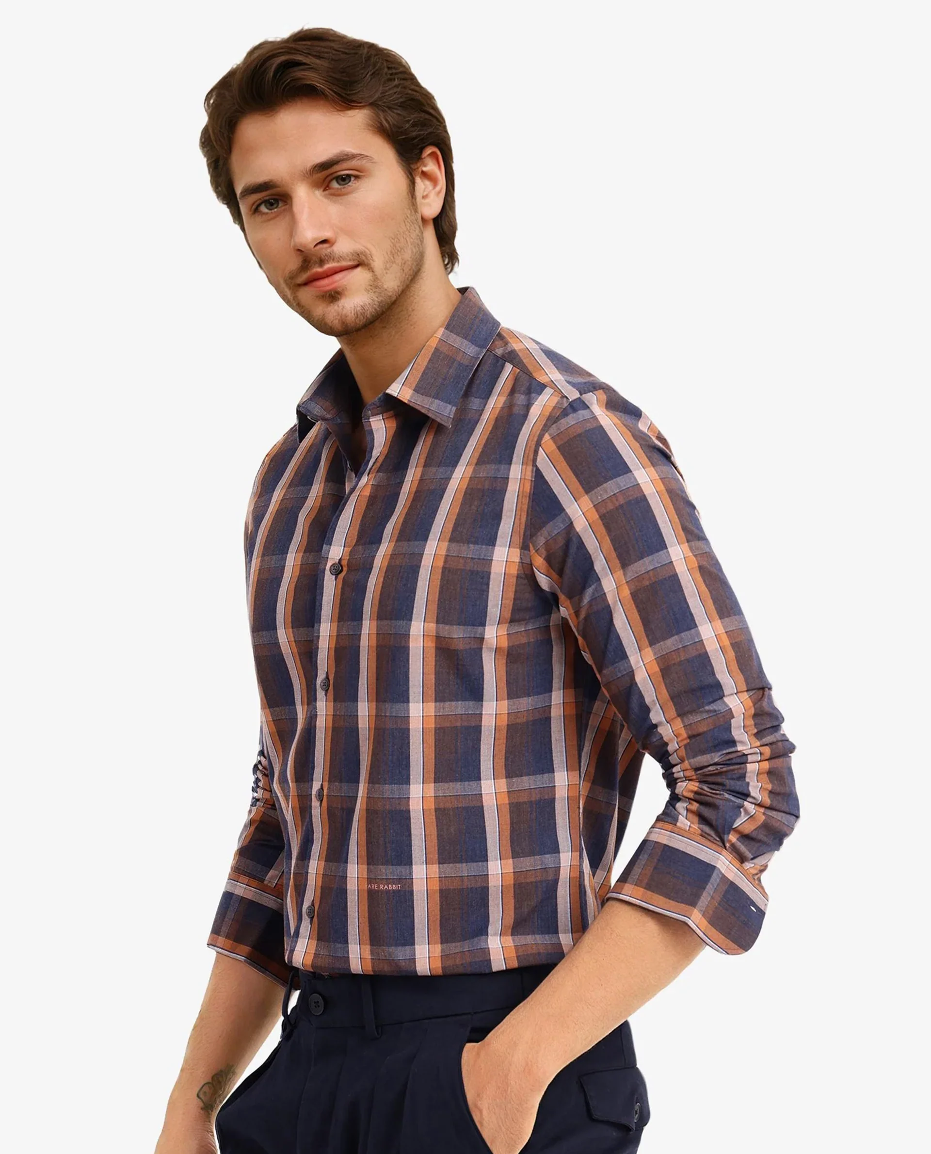 Rare Rabbit Men's Bou Navy Cotton Blend Checked Print Regular Fit Full Sleeve Collared Shirt - Image 8