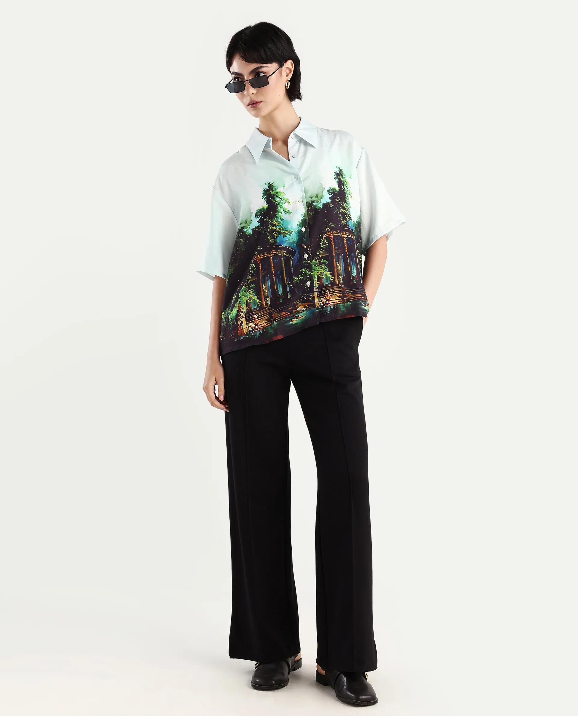 Rareism Women's Boulevard Light Blue Viscose Blend Spread Collar Abstract Print Boxy Fit Top - Image 2