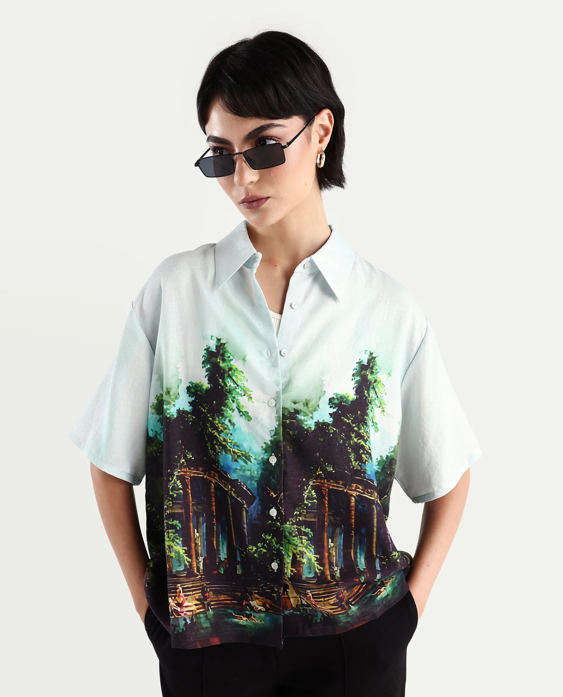 Rareism Women's Boulevard Light Blue Viscose Blend Spread Collar Abstract Print Boxy Fit Top - Image 3