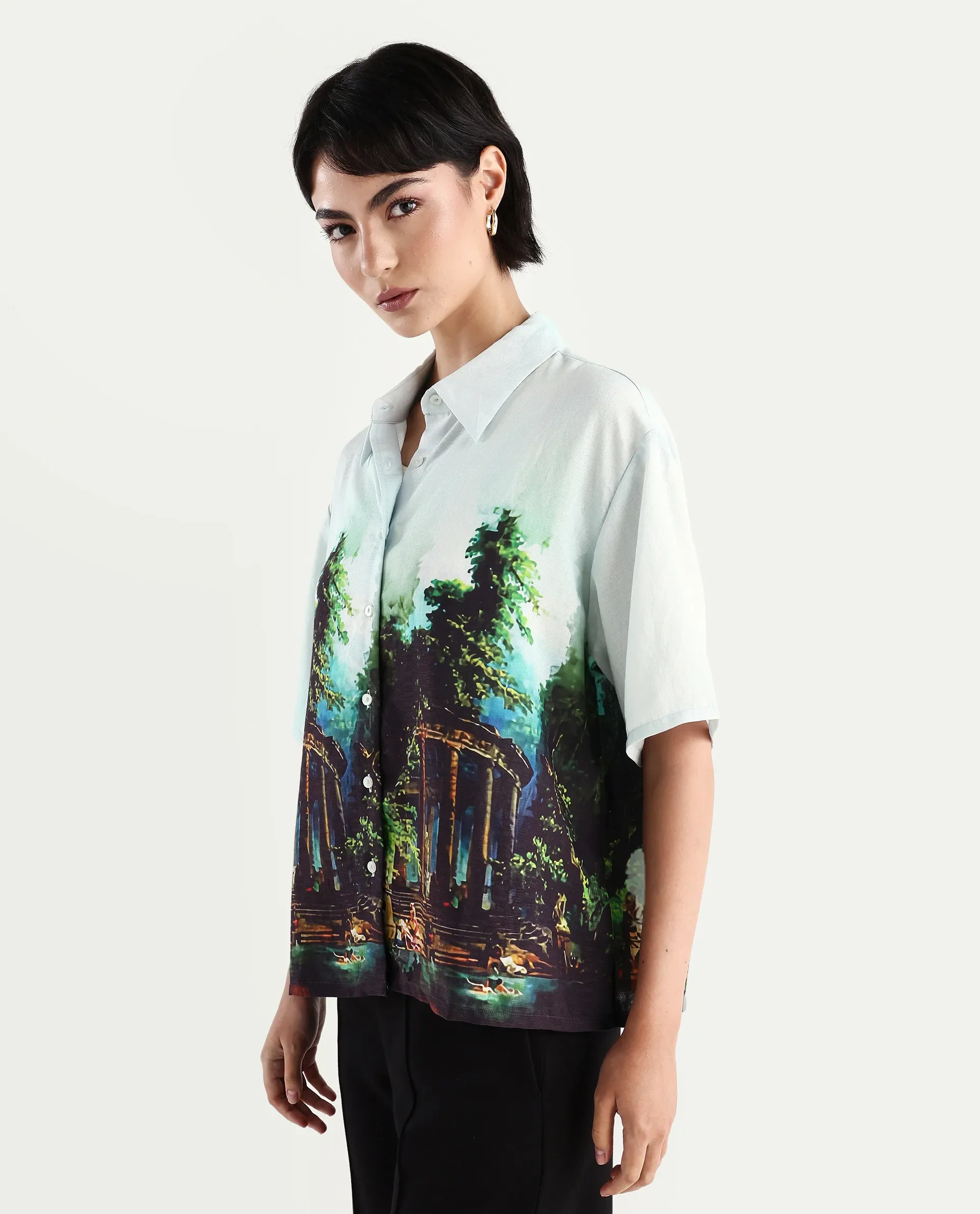 Rareism Women's Boulevard Light Blue Viscose Blend Spread Collar Abstract Print Boxy Fit Top - Image 5