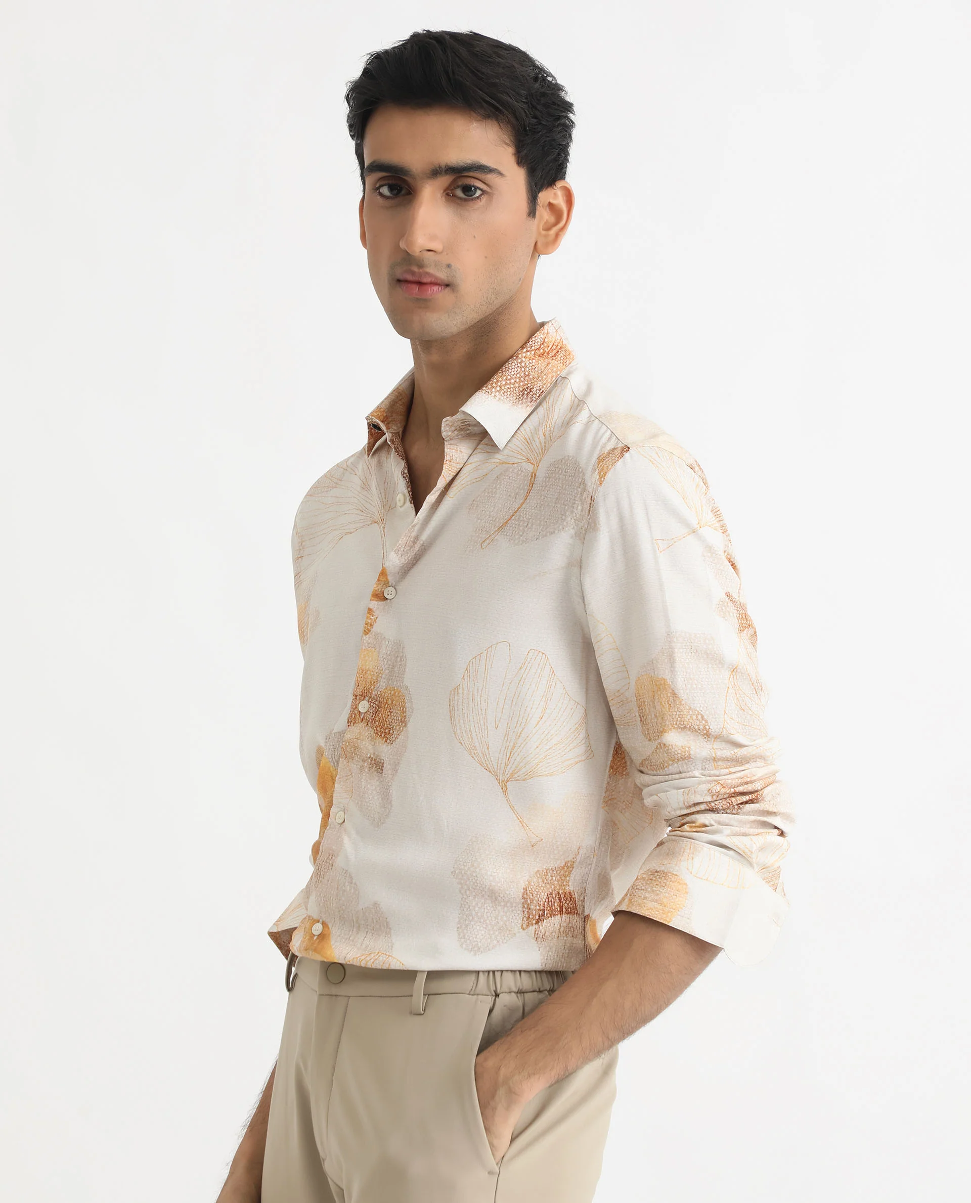 Rare Rabbit Men's Bourbon Beige Viscose Floral Print Regular Fit Full Sleeve Collared Shirt - Image 3