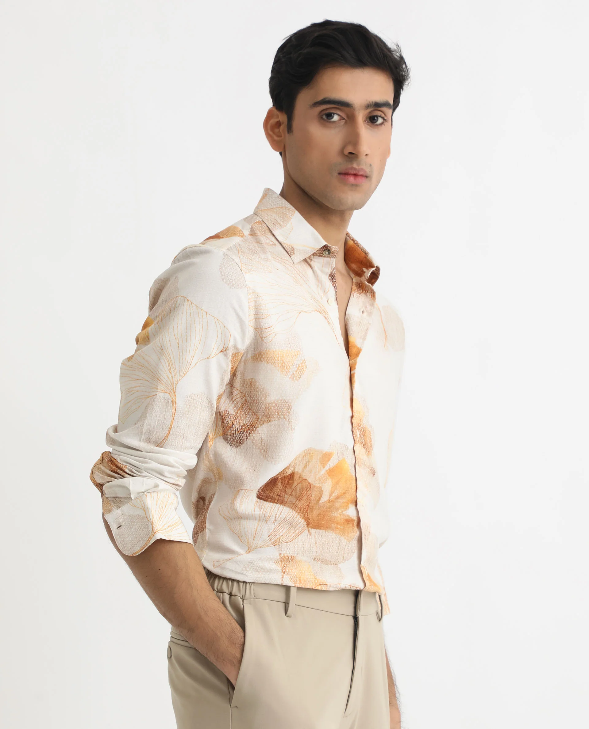 Rare Rabbit Men's Bourbon Beige Viscose Floral Print Regular Fit Full Sleeve Collared Shirt - Image 6