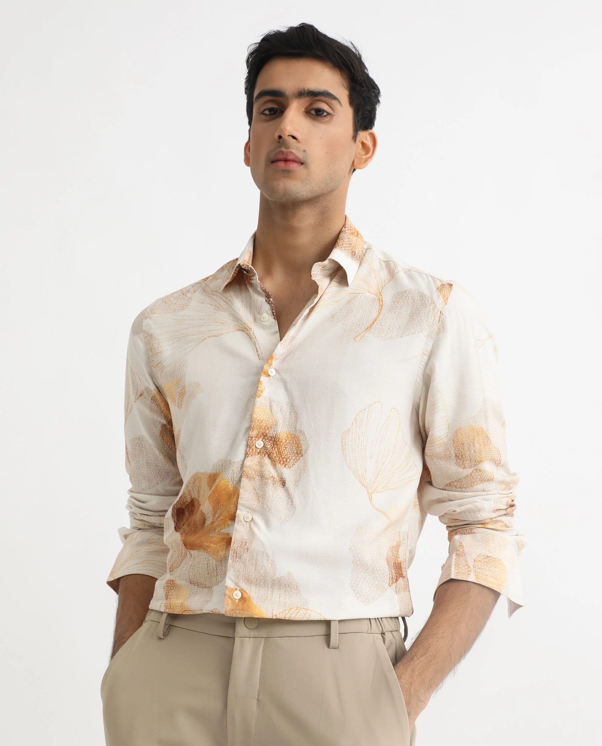 Rare Rabbit Men's Bourbon Beige Viscose Floral Print Regular Fit Full Sleeve Collared Shirt - Image 7
