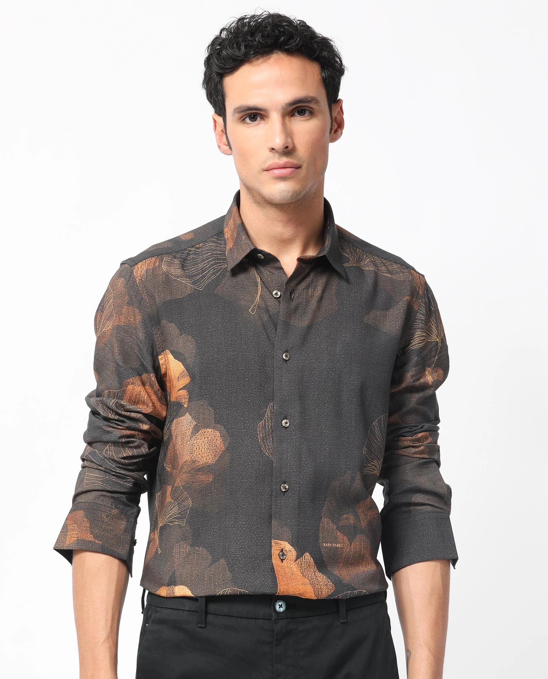 Rare Rabbit Men's Bourbon Black Viscose Floral Print Regular Fit Full Sleeve Collared Shirt - Image 4