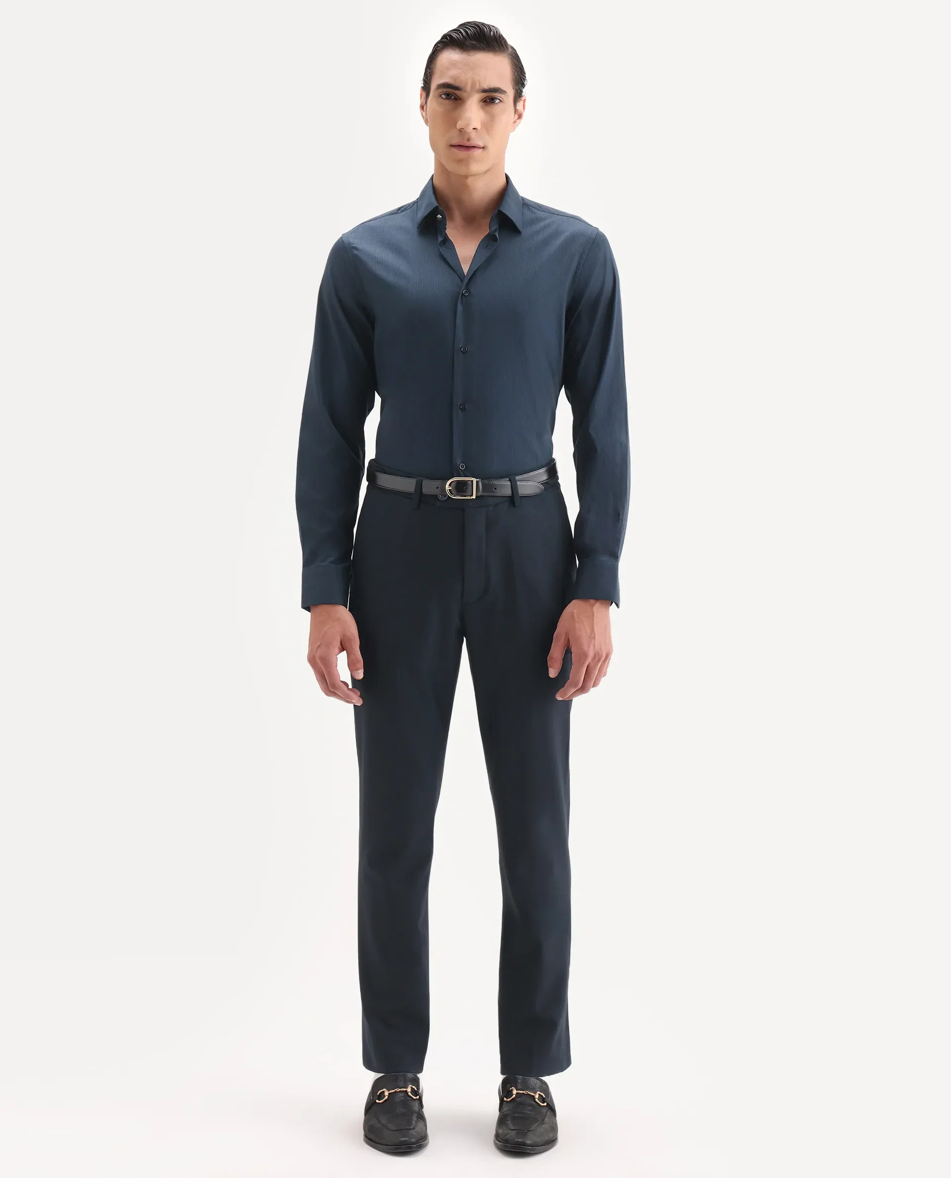Rare Rabbit Men's Bovec-25 Navy Cotton Fabric Spread Collar Regular Fit Striped Shirt - Image 2