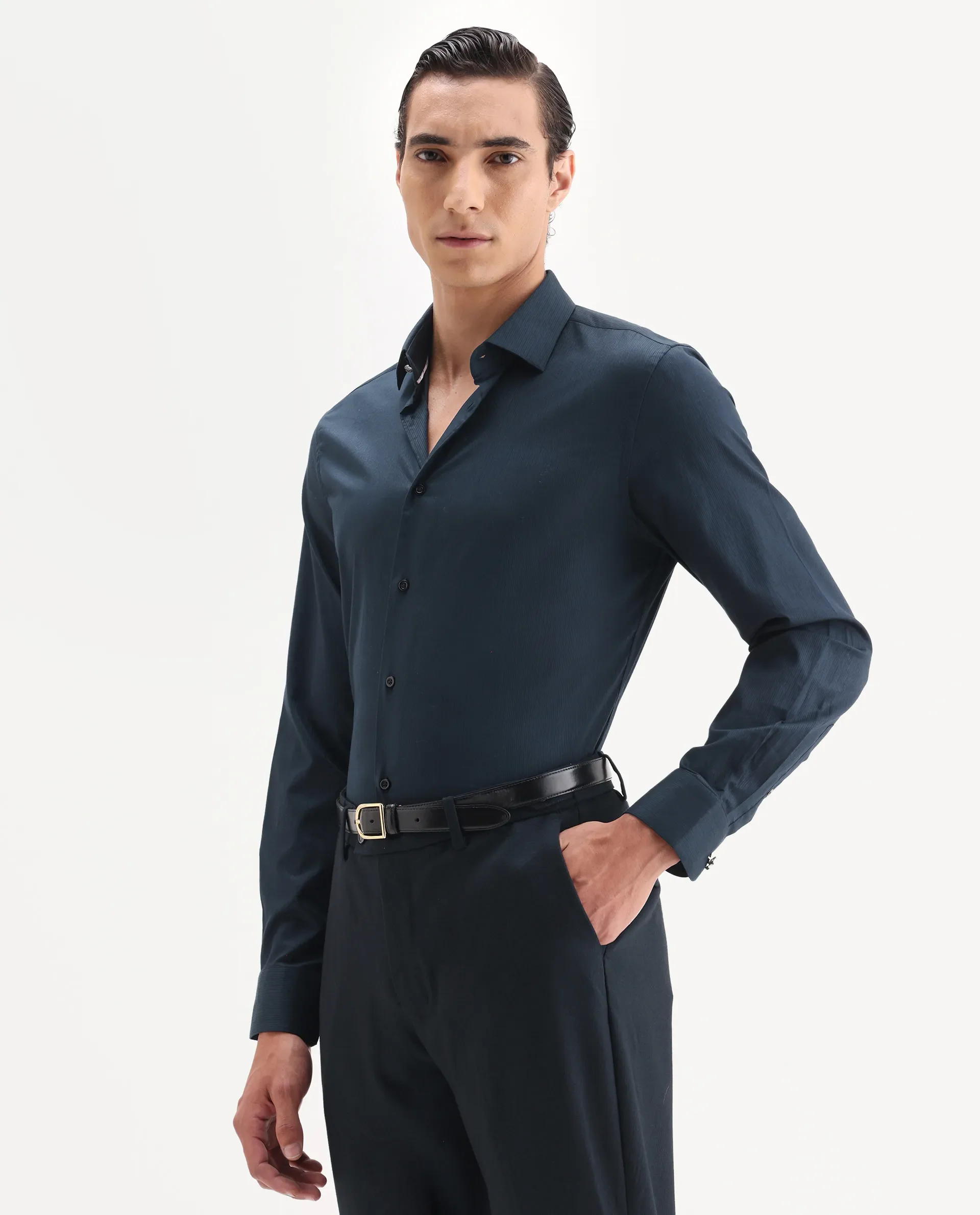 Rare Rabbit Men's Bovec-25 Navy Cotton Fabric Spread Collar Regular Fit Striped Shirt - Image 7