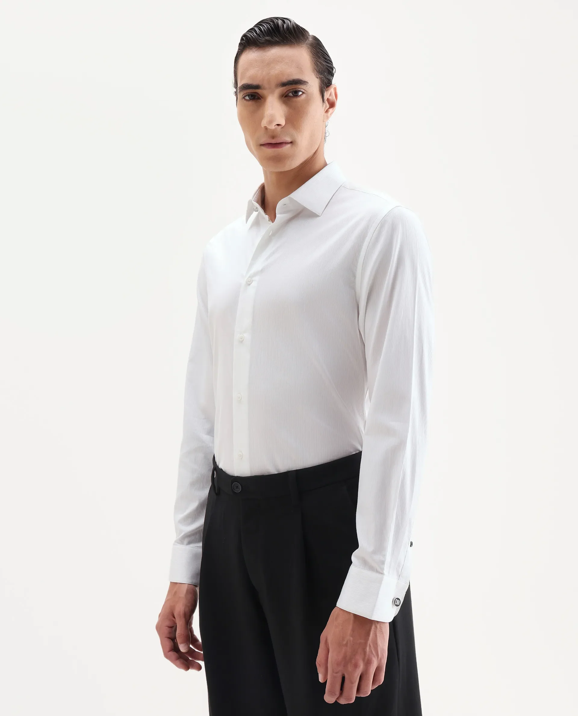 Rare Rabbit Men's Bovec-25 White Cotton Fabric Spread Collar Regular Fit Striped Shirt - Image 4