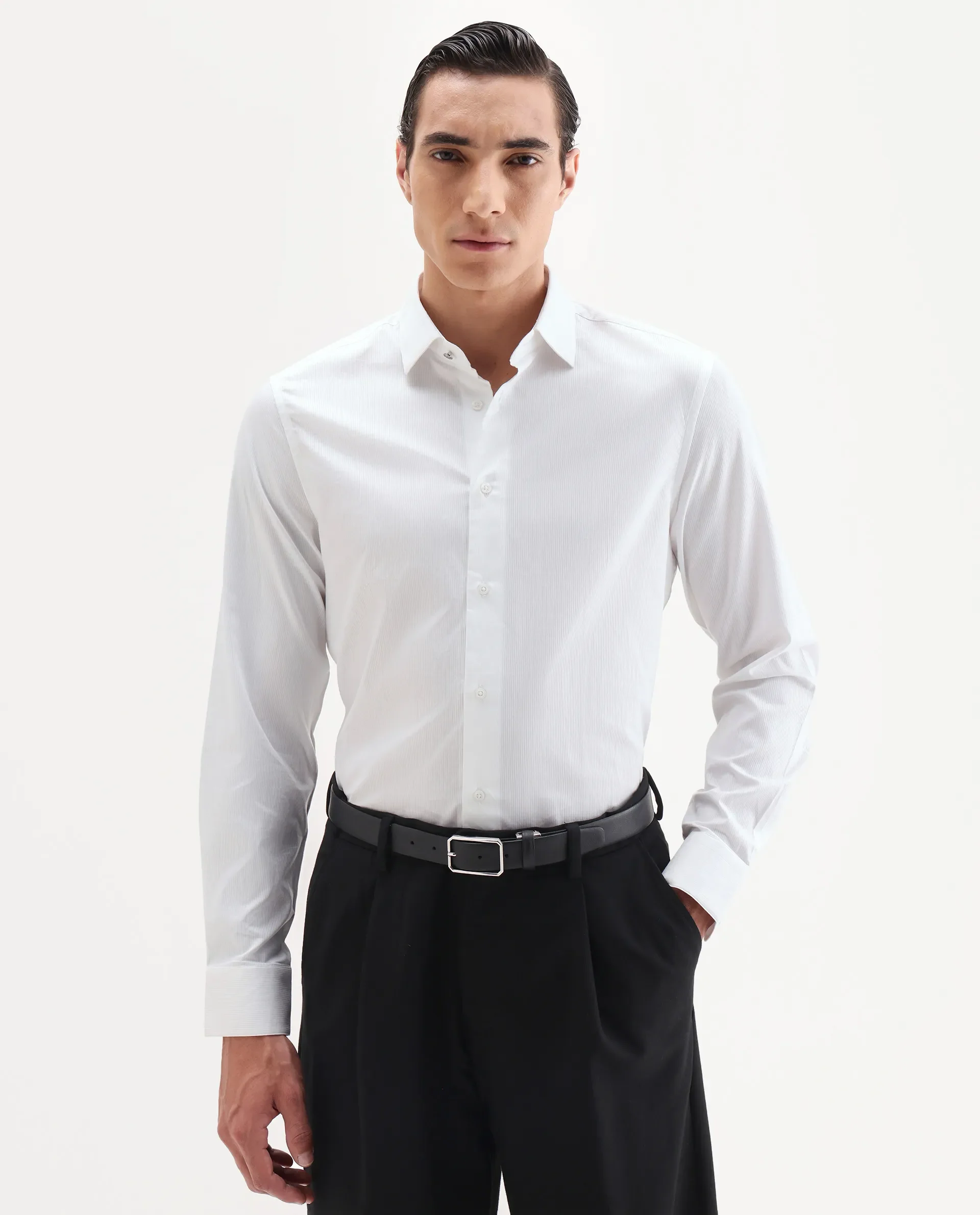 Rare Rabbit Men's Bovec-25 White Cotton Fabric Spread Collar Regular Fit Striped Shirt - Image 7