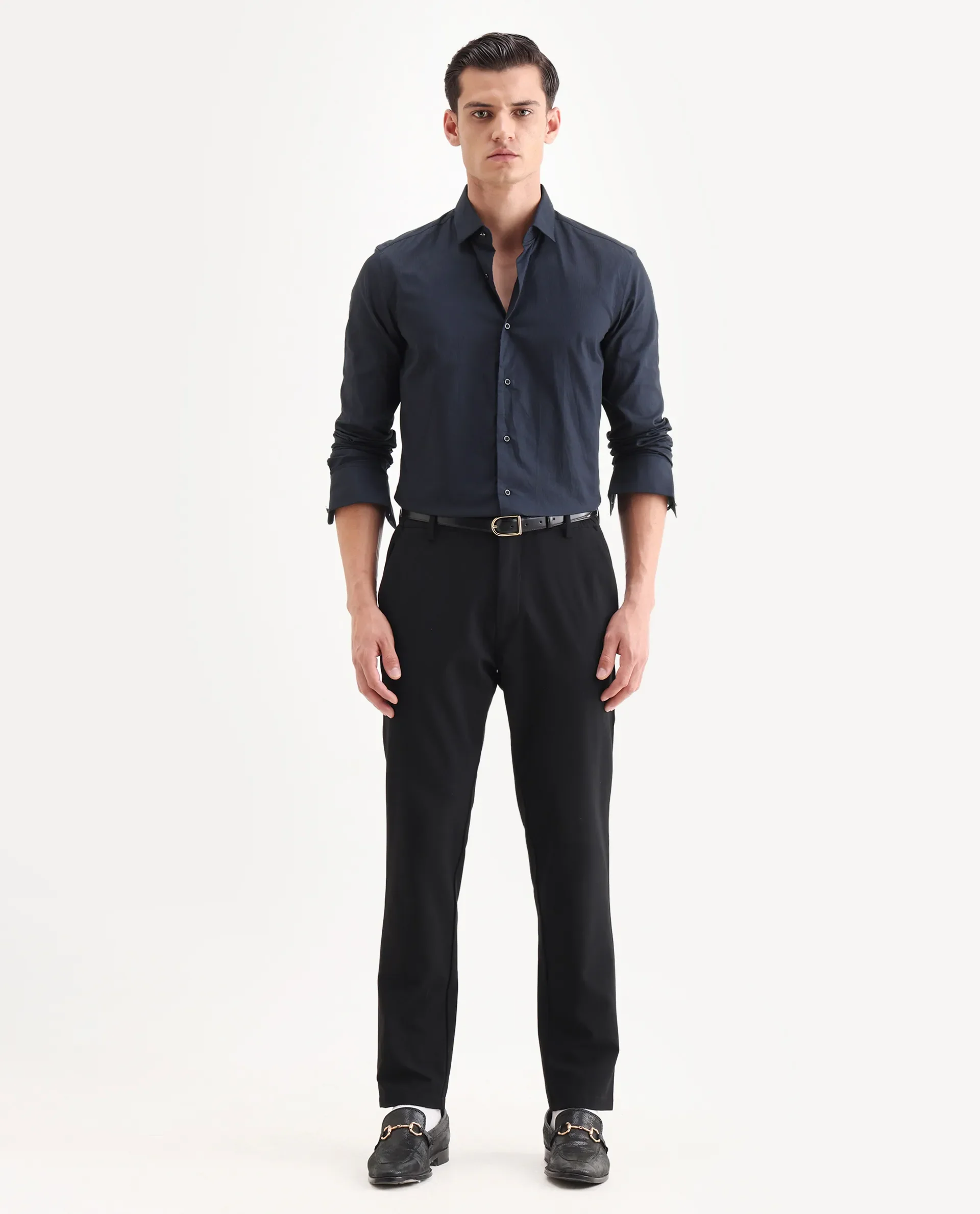 Rare Rabbit Men's Bovec Navy Cotton Textured Regular Fit Full Sleeve Collared Shirt - Image 2