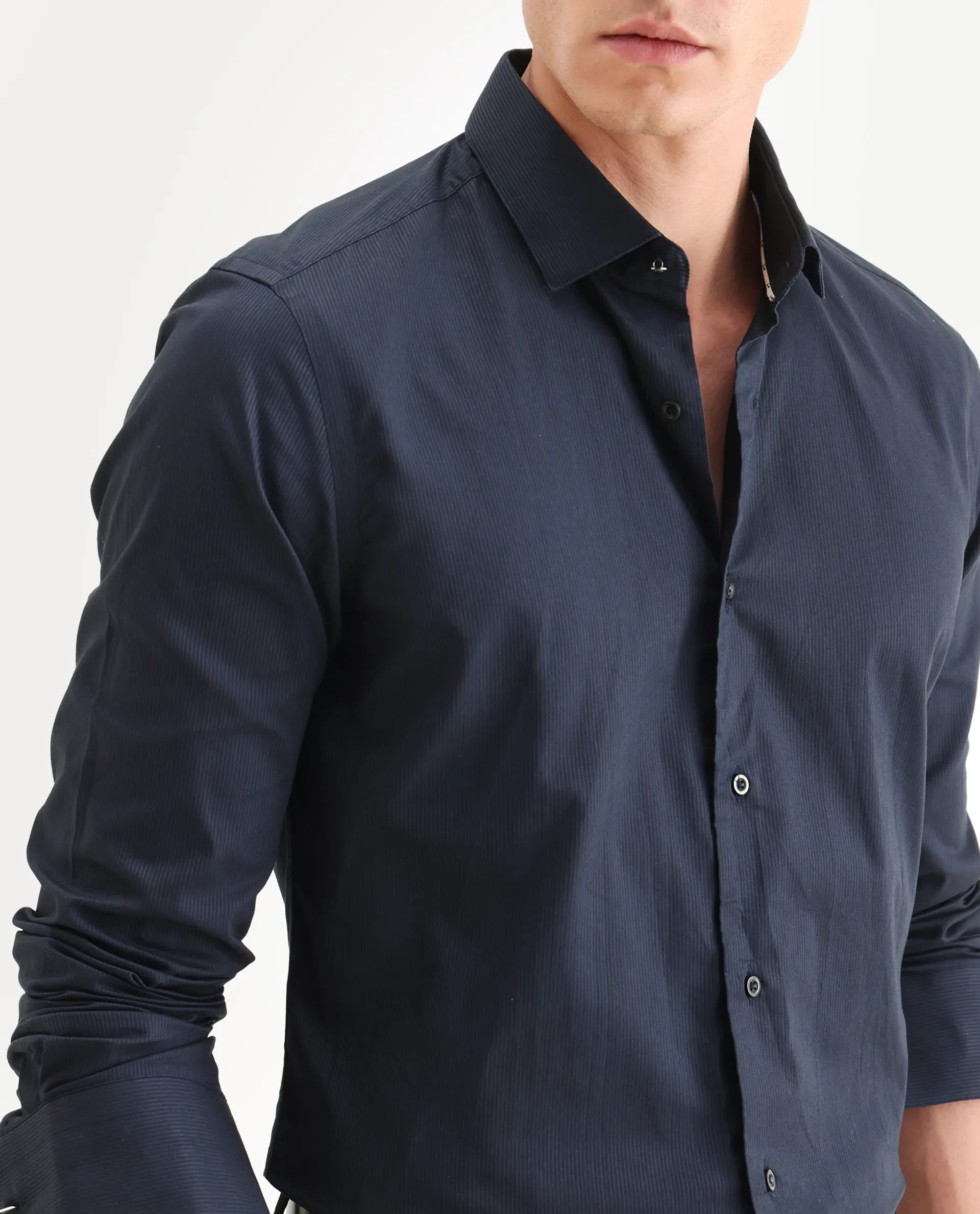 Rare Rabbit Men's Bovec Navy Cotton Textured Regular Fit Full Sleeve Collared Shirt - Image 3