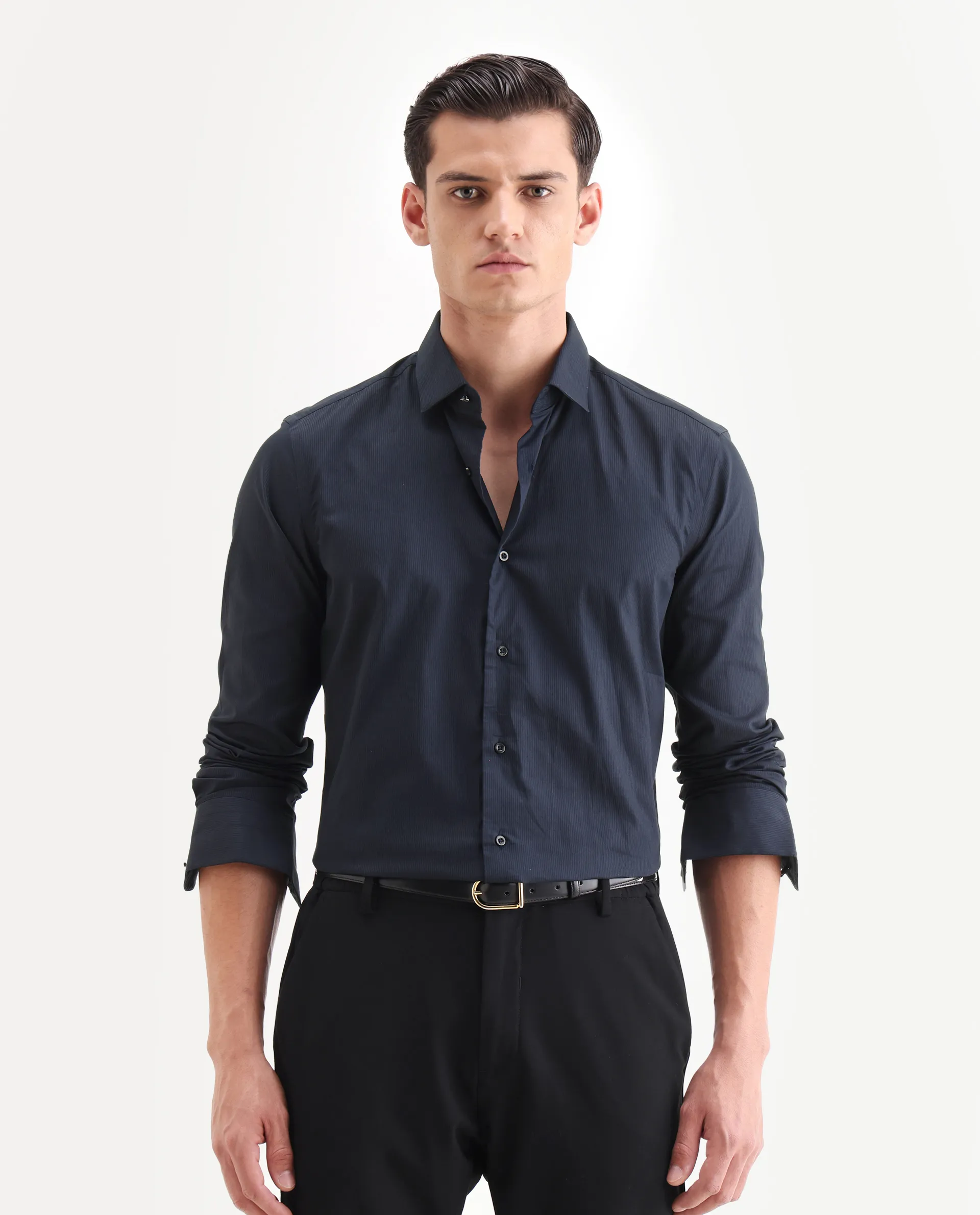 Rare Rabbit Men's Bovec Navy Cotton Textured Regular Fit Full Sleeve Collared Shirt - Image 4