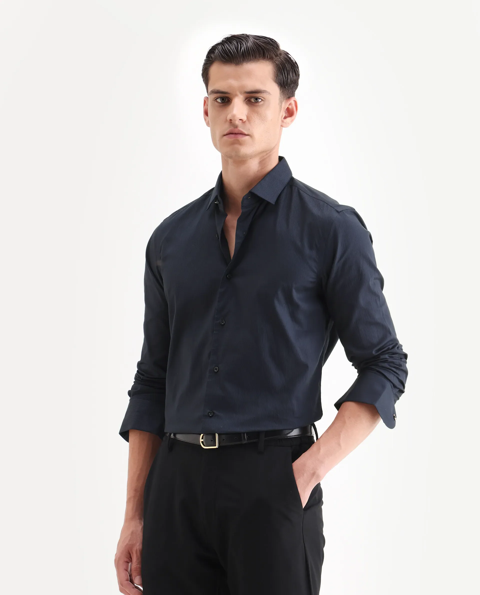 Rare Rabbit Men's Bovec Navy Cotton Textured Regular Fit Full Sleeve Collared Shirt - Image 5