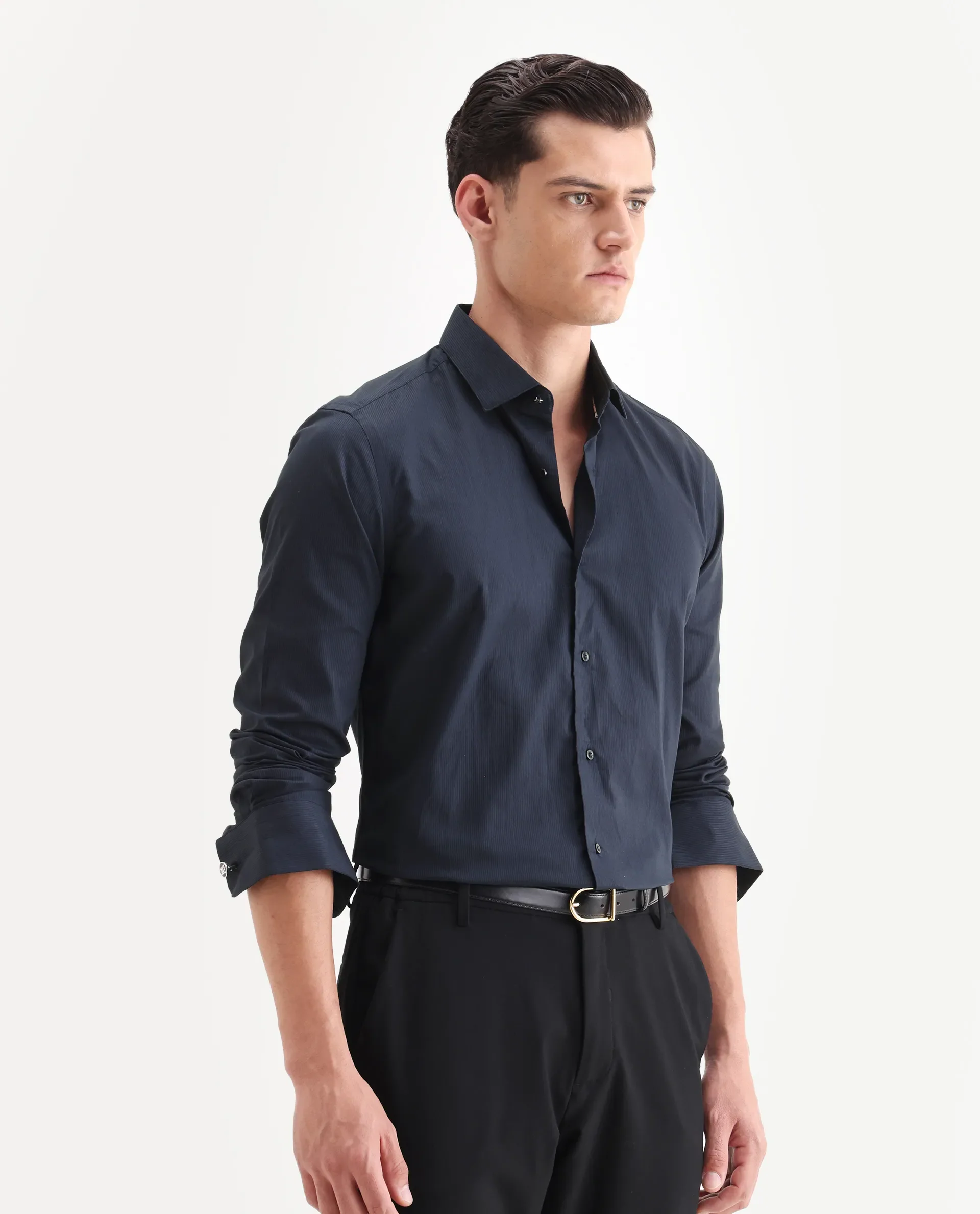 Rare Rabbit Men's Bovec Navy Cotton Textured Regular Fit Full Sleeve Collared Shirt - Image 6