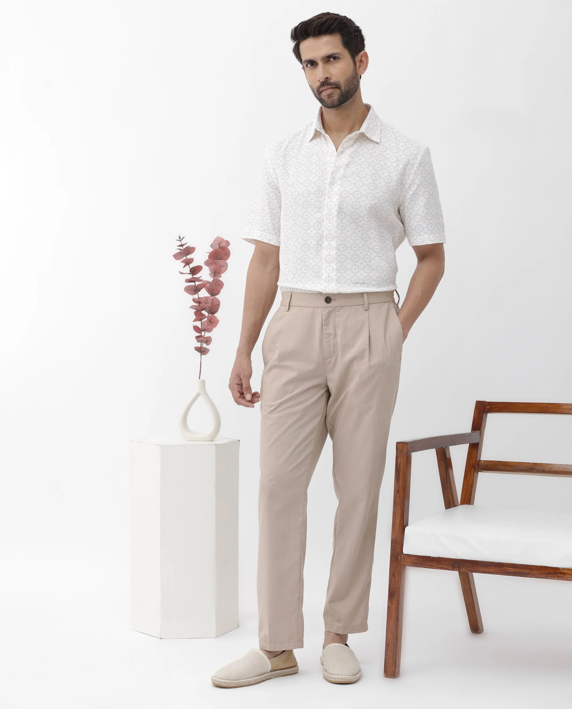 Rare Rabbit Men's Boward Off White Cotton Monogram Print Boxy Fit Half Sleeve Collared Shirt - Image 2