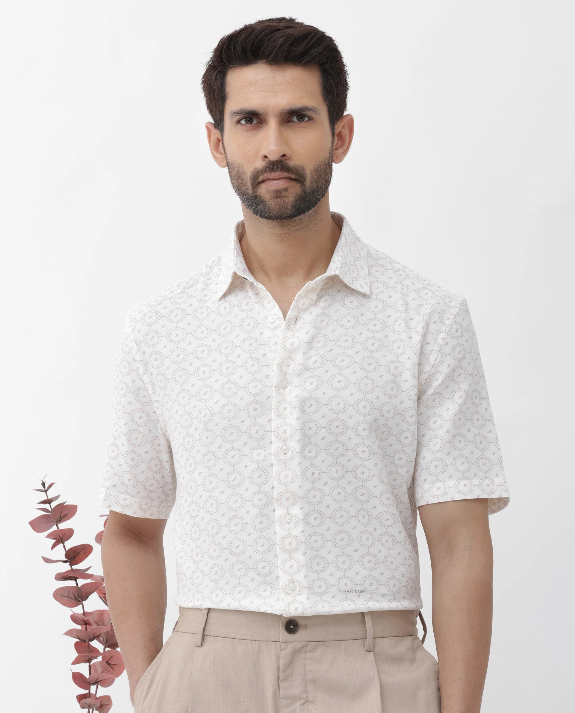 Rare Rabbit Men's Boward Off White Cotton Monogram Print Boxy Fit Half Sleeve Collared Shirt - Image 3