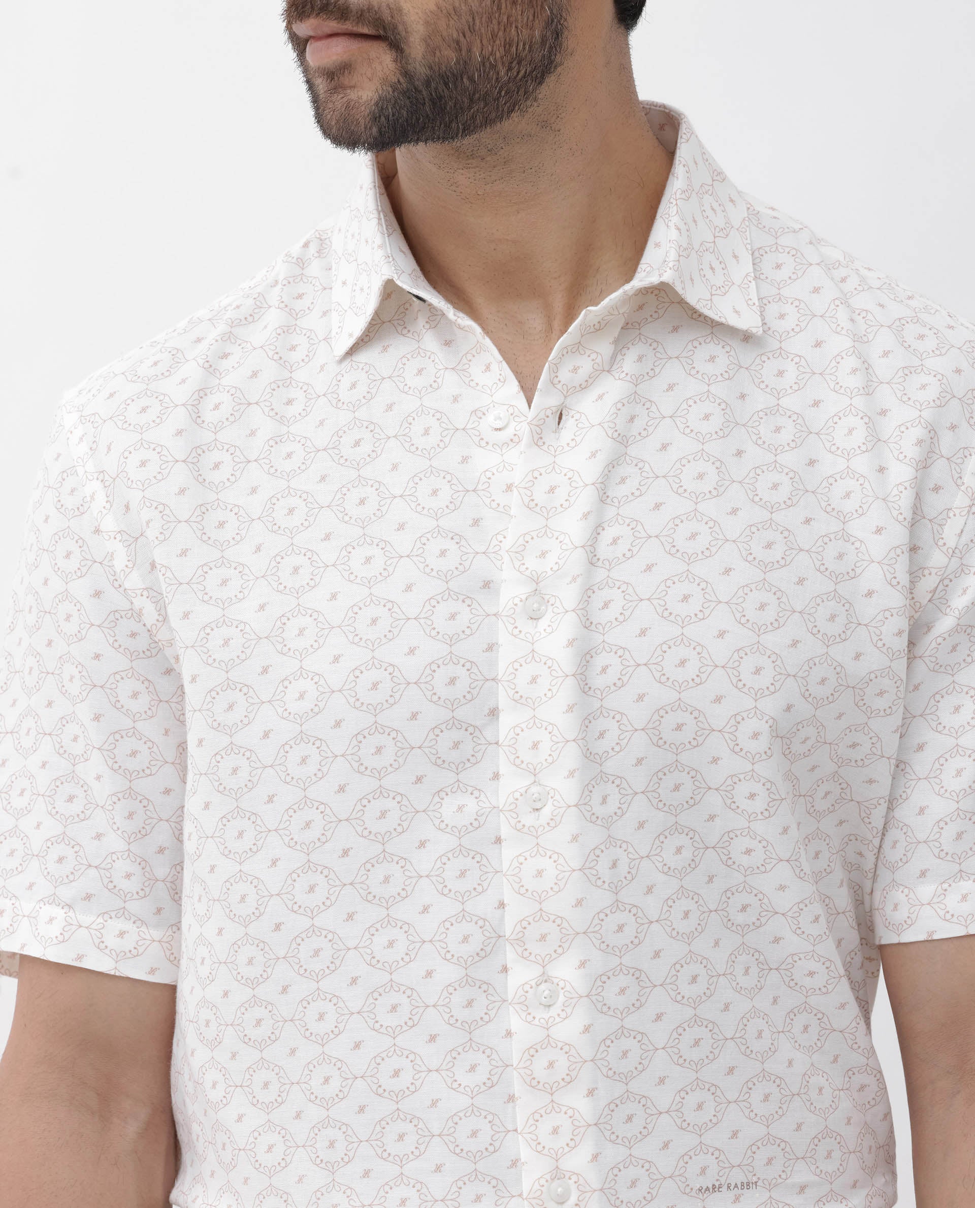 Rare Rabbit Men's Boward Off White Cotton Monogram Print Boxy Fit Half Sleeve Collared Shirt - Image 4