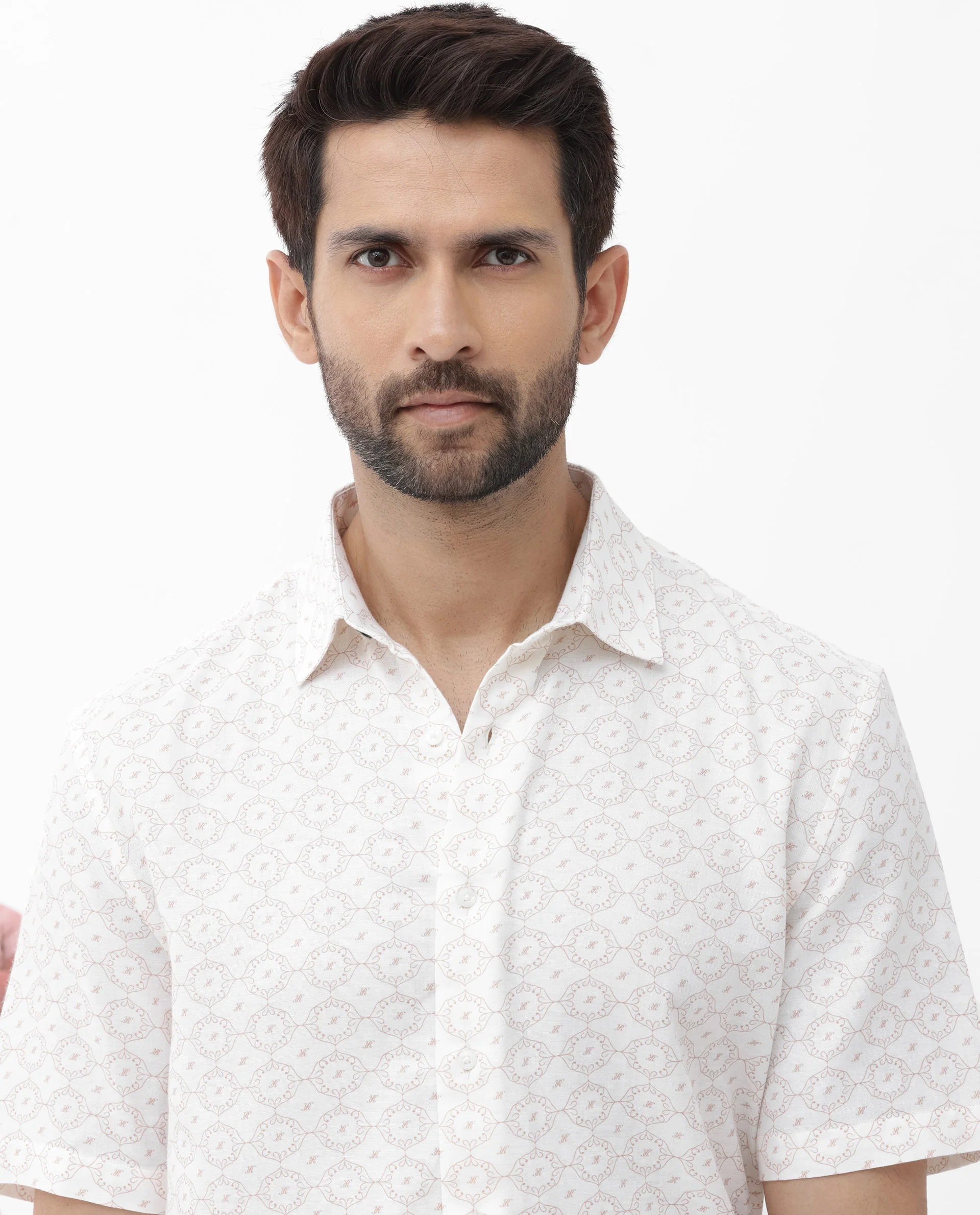 Rare Rabbit Men's Boward Off White Cotton Monogram Print Boxy Fit Half Sleeve Collared Shirt - Image 5