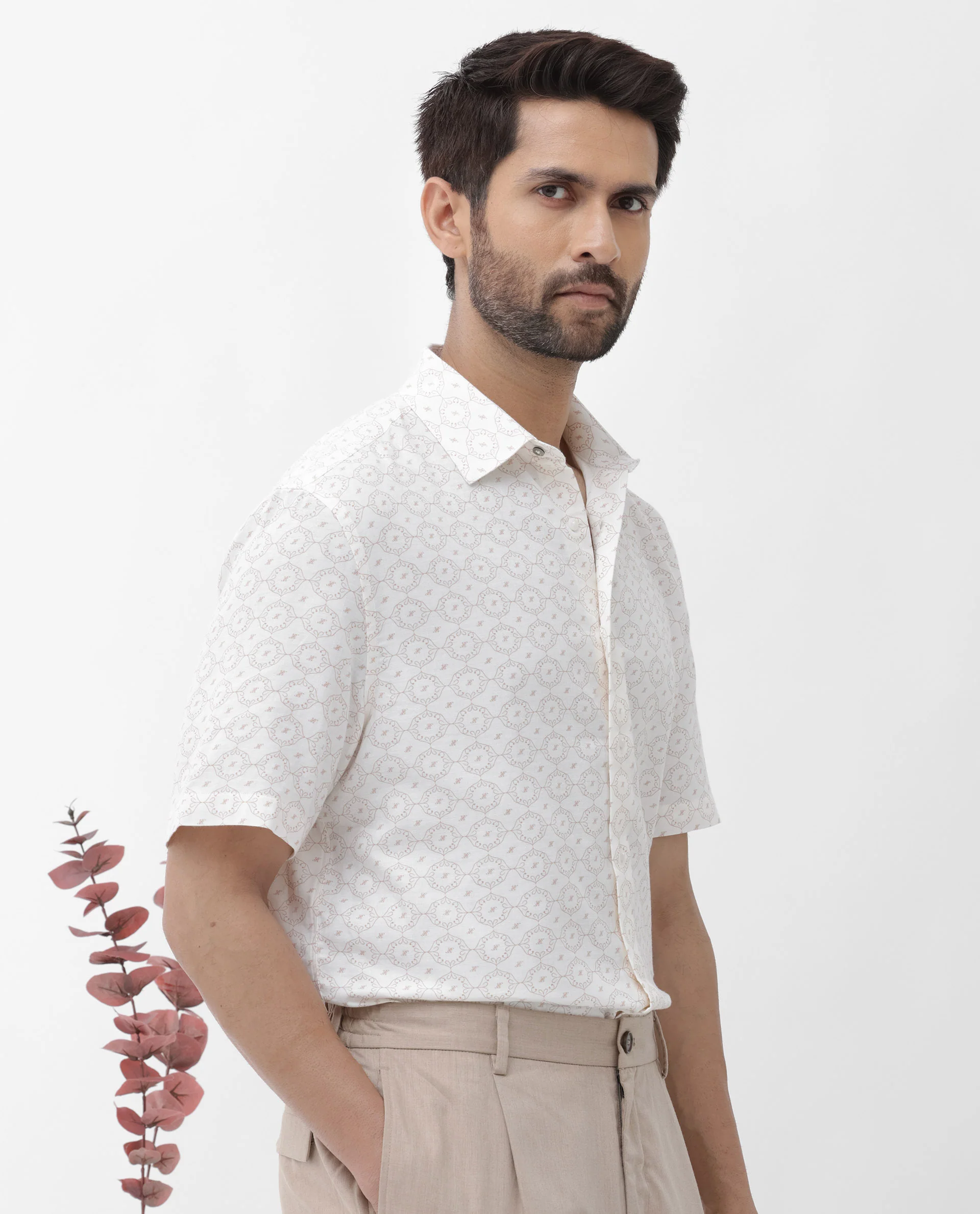 Rare Rabbit Men's Boward Off White Cotton Monogram Print Boxy Fit Half Sleeve Collared Shirt - Image 6
