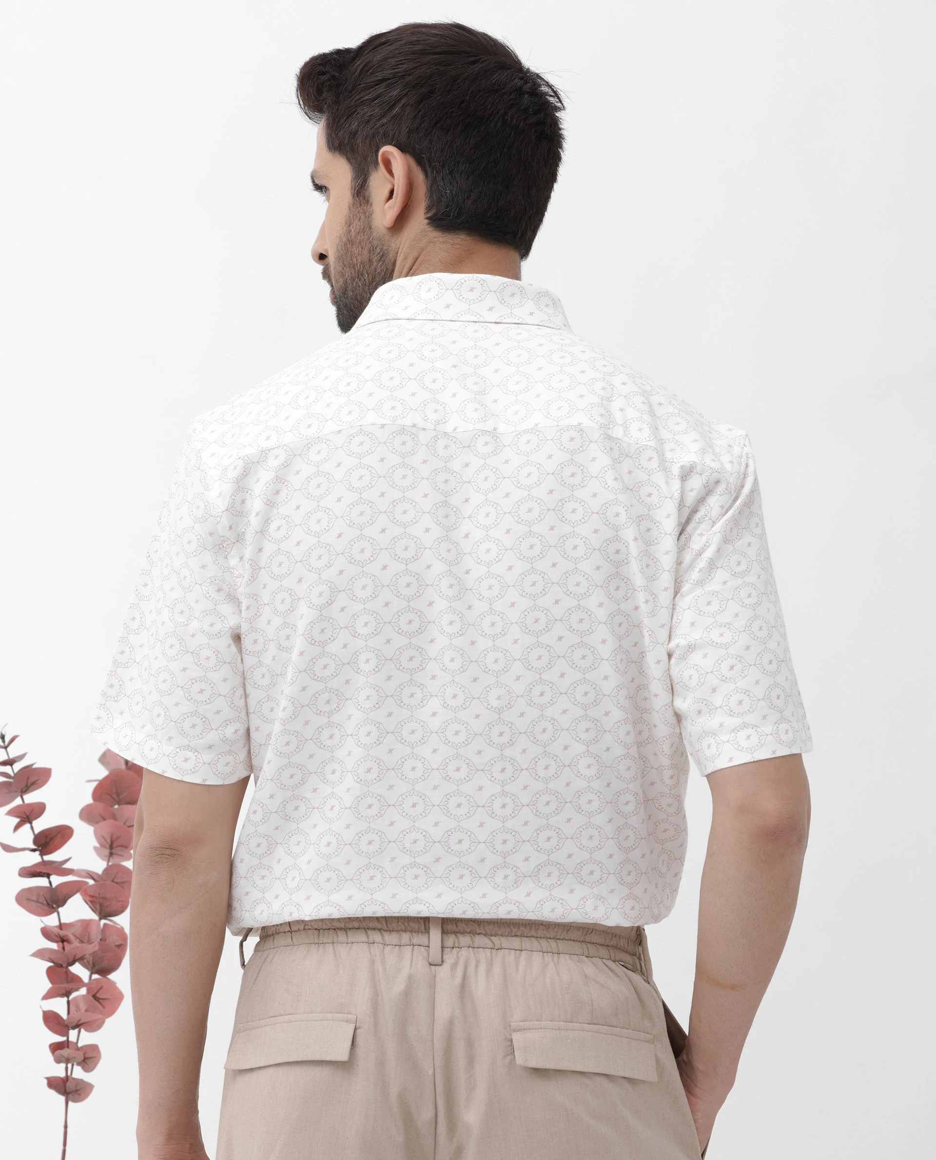 Rare Rabbit Men's Boward Off White Cotton Monogram Print Boxy Fit Half Sleeve Collared Shirt - Image 7