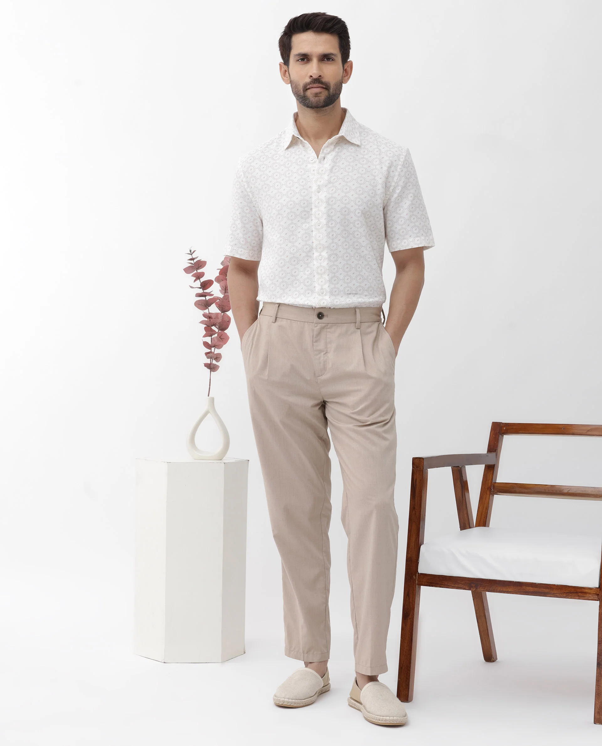Rare Rabbit Men's Boward Off White Cotton Monogram Print Boxy Fit Half Sleeve Collared Shirt - Image 8