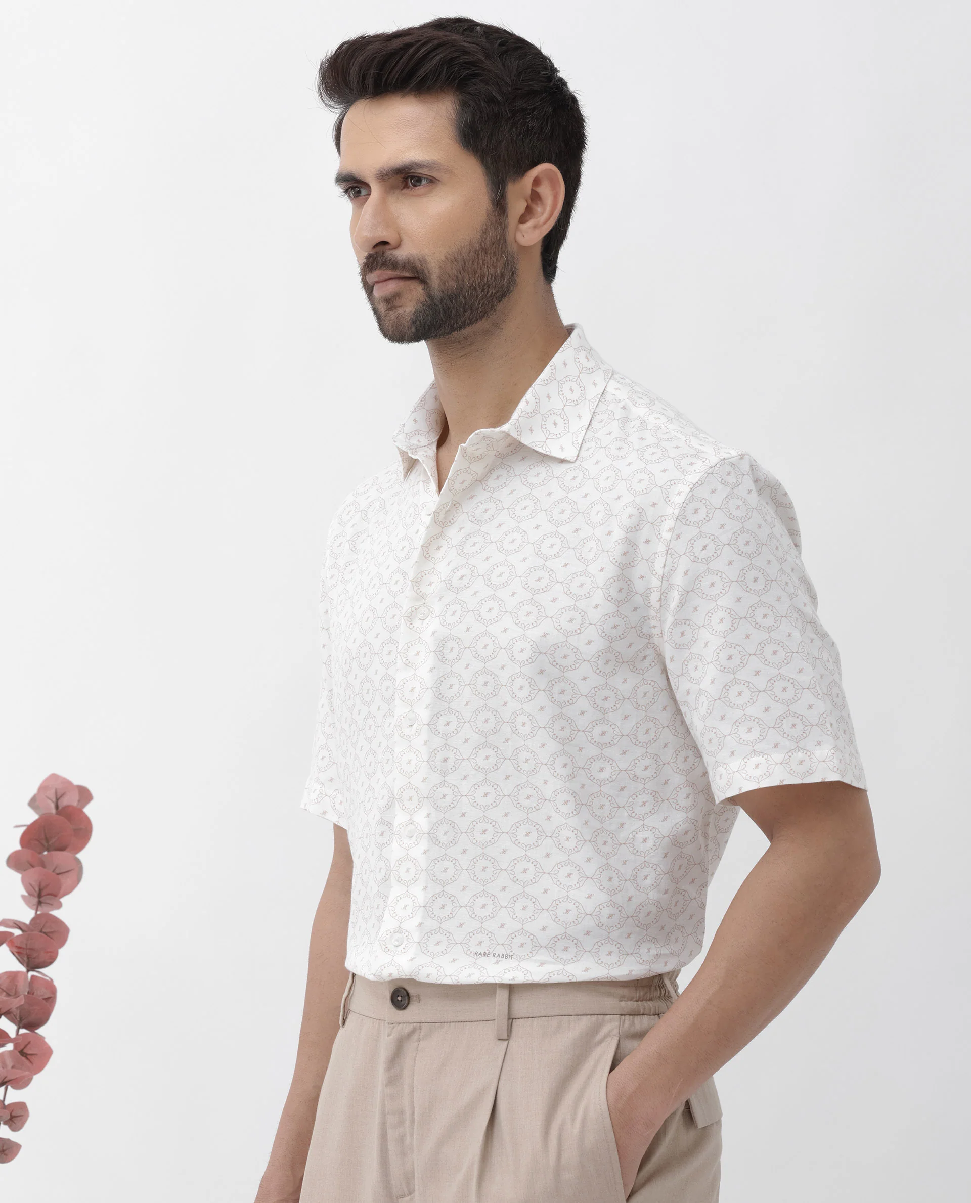 Rare Rabbit Men's Boward Off White Cotton Monogram Print Boxy Fit Half Sleeve Collared Shirt - Image 9