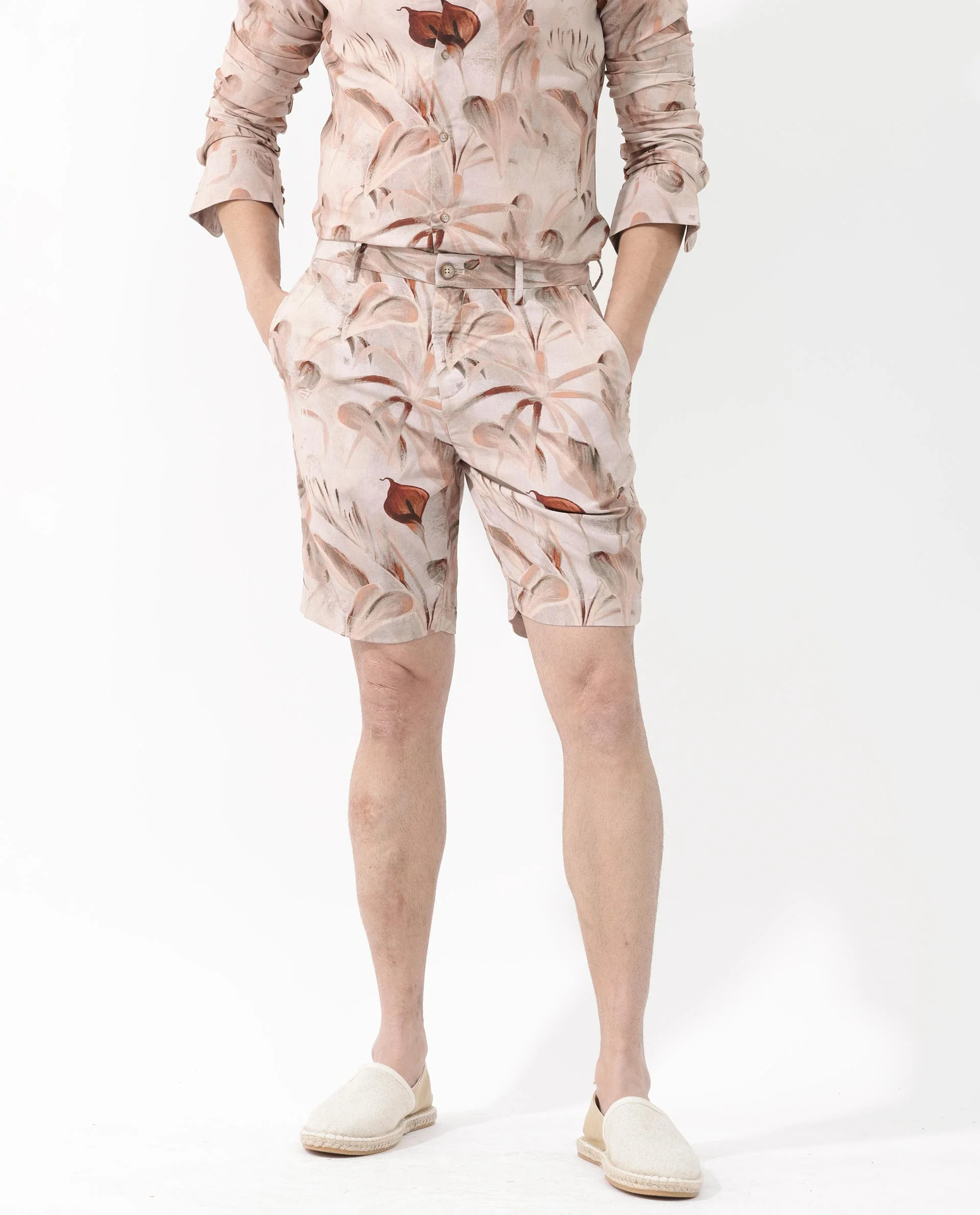 Rare Rabbit Men's Bower Brown Viscose Tropical Print Relaxed Fit Shorts