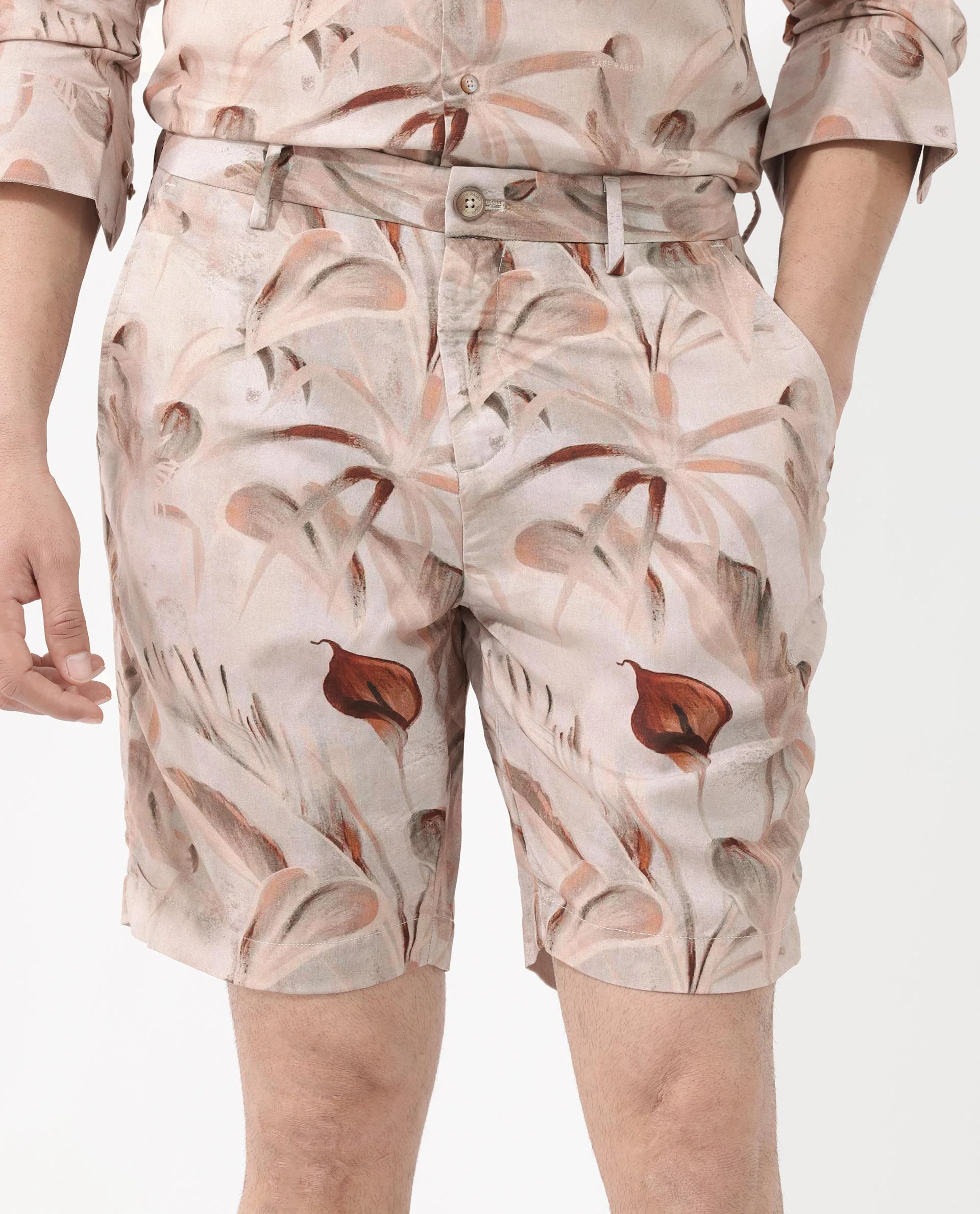 Rare Rabbit Men's Bower Brown Viscose Tropical Print Relaxed Fit Shorts - Image 6