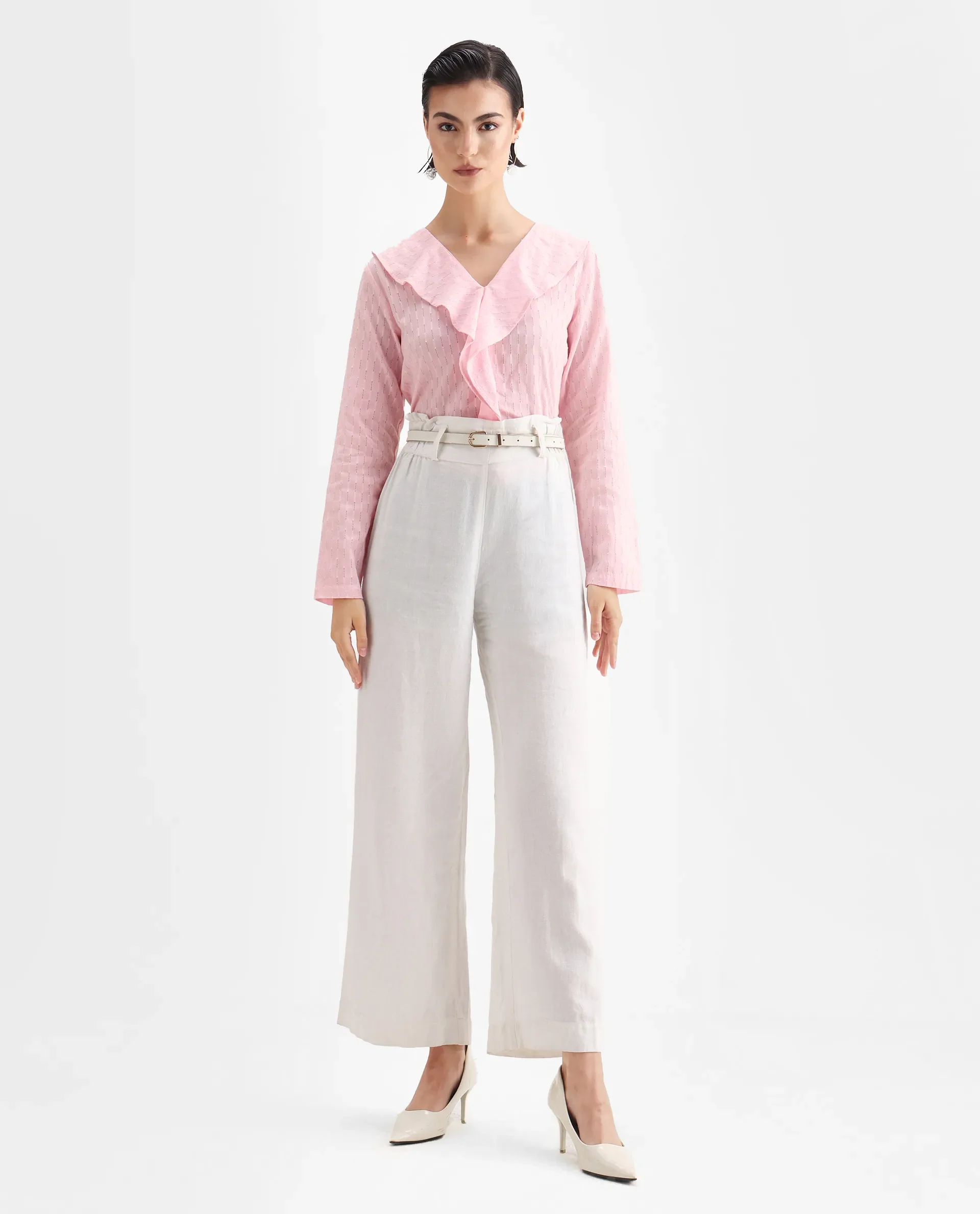 Rareism Women's Bowez Pink Cotton V-Neck Plain Regular Fit Top - Image 2