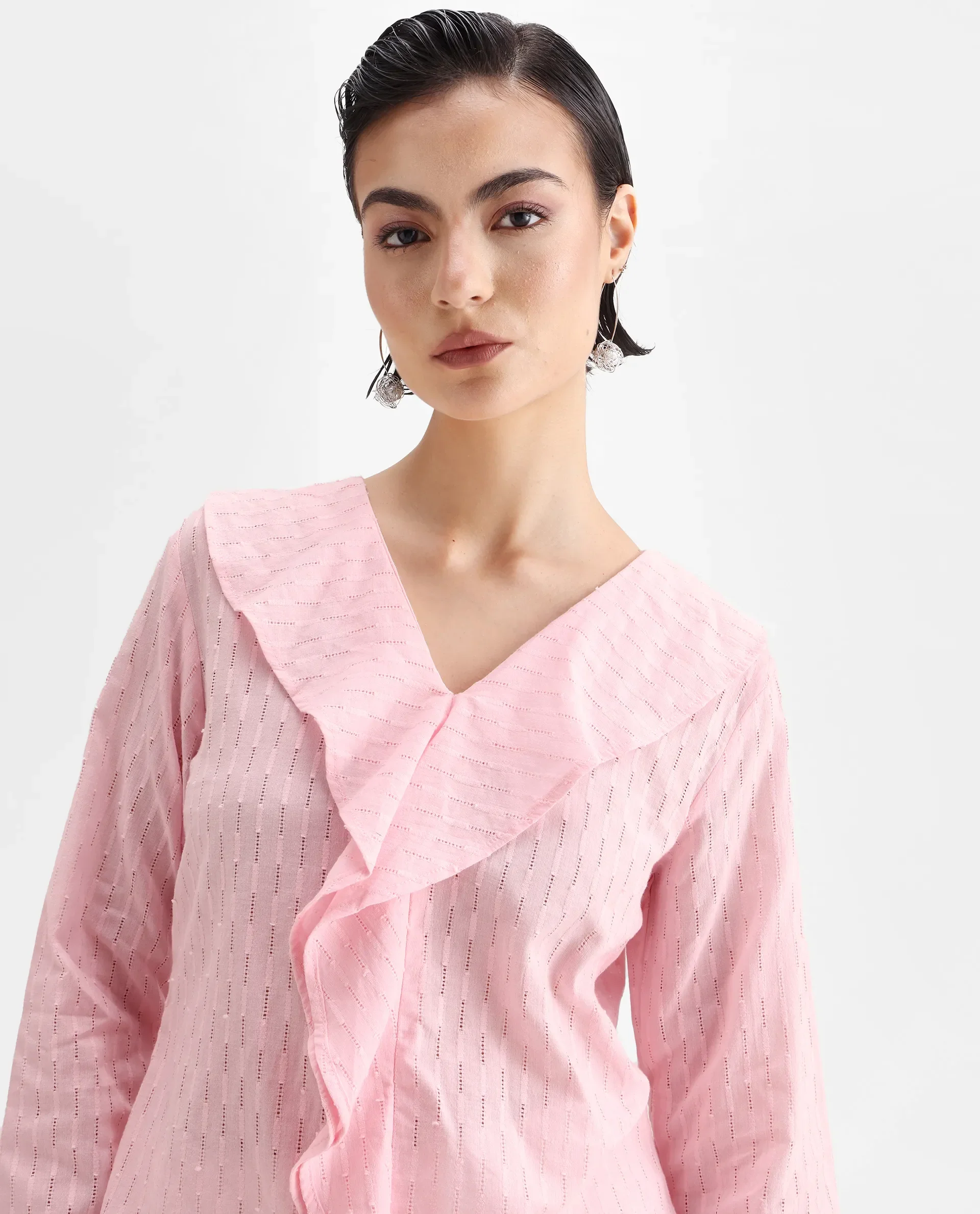 Rareism Women's Bowez Pink Cotton V-Neck Plain Regular Fit Top - Image 3